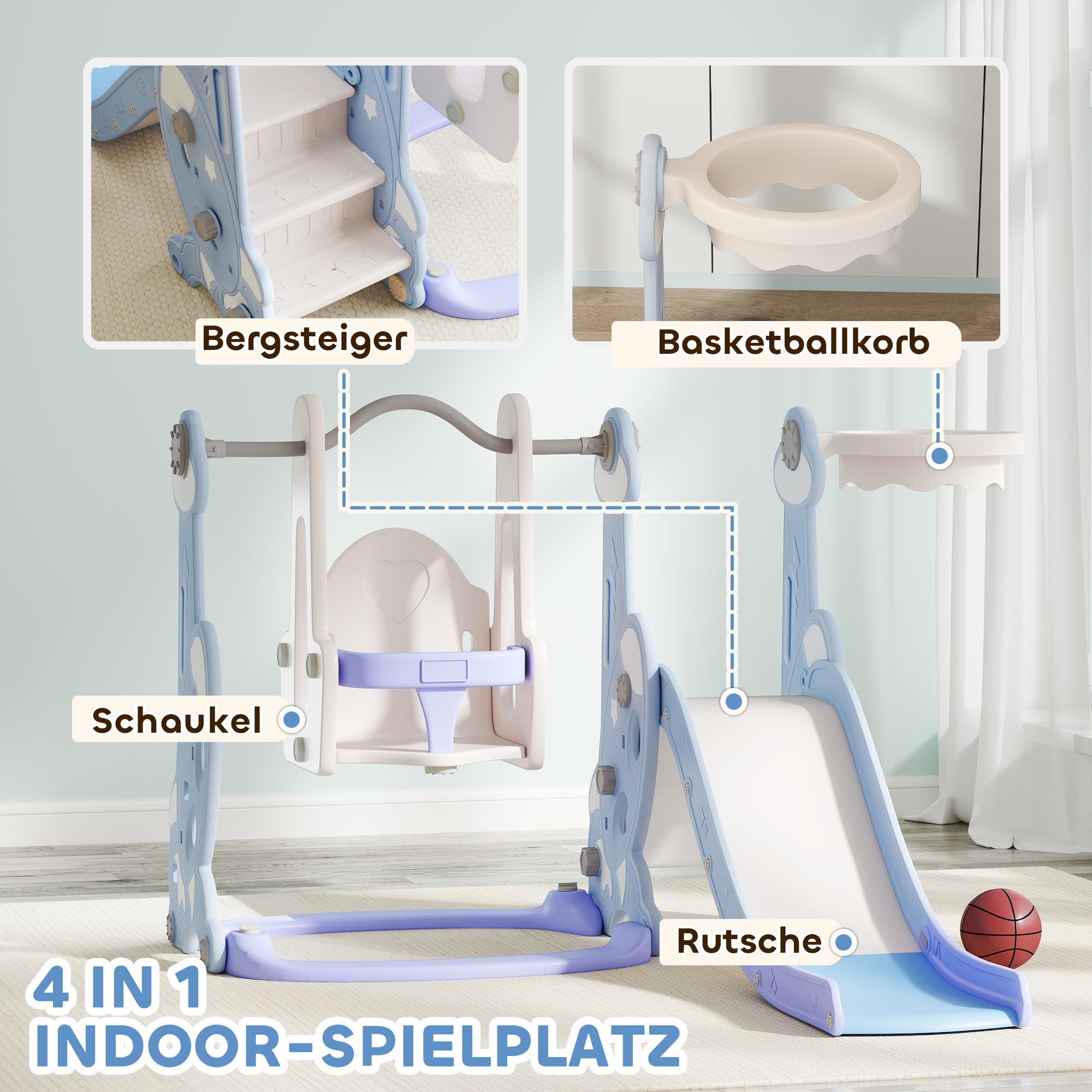 AIYAPLAY 4-in-1 Indoor-Spielplatz, Rutsch- und Schaukelset für Kleinkinder, Basketballkorb, Raketendesign, Kunststoff, Hellblau