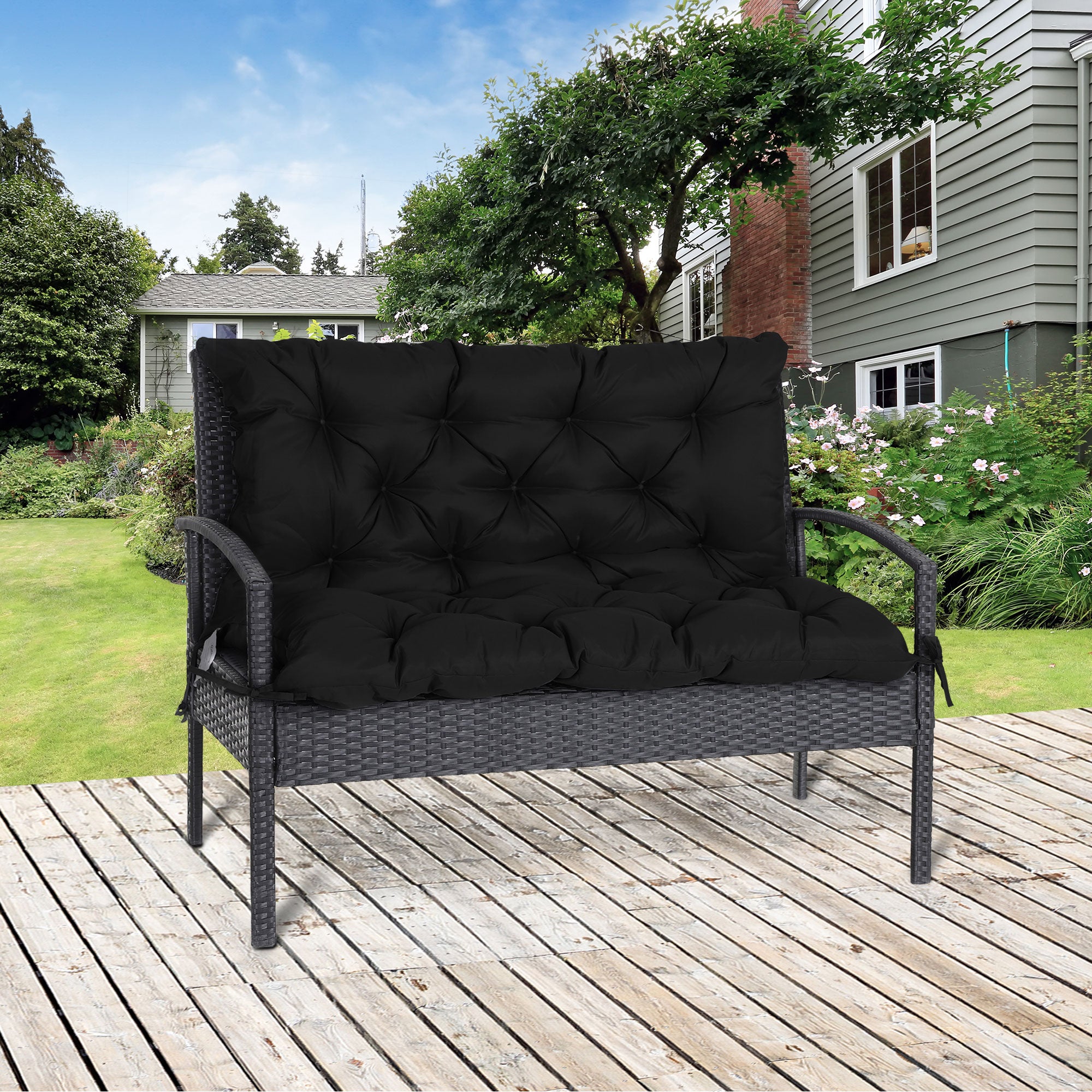 Outsunny 3 Sitzer Bankauflage 100x98x8 cm Bankkissen mit Bändern, Bankpolster für Gartenmöbel Hollywoodschaukel, Schwarz