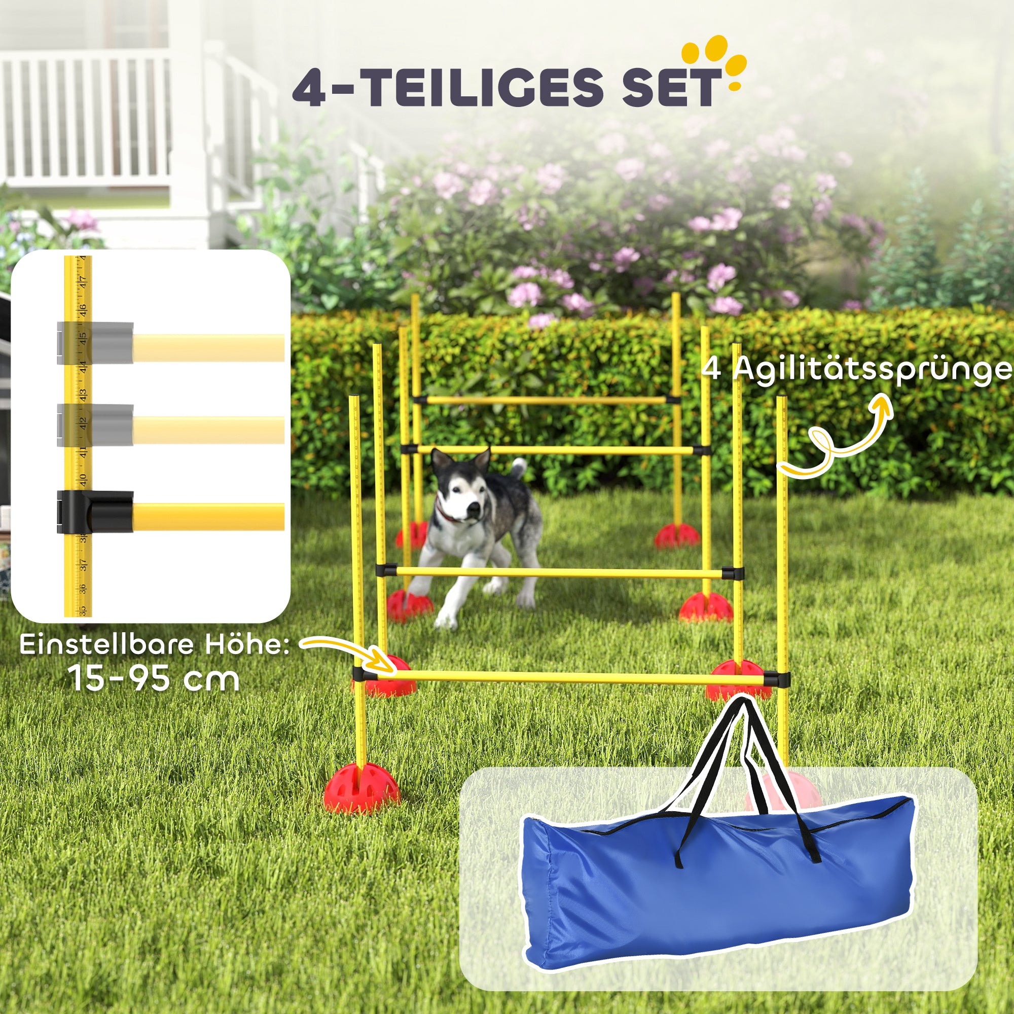 PawHut 4-teiliges Hunde-Agility-Set mit 4 Hürden und Tragetasche für das Sprungtraining, Gelb