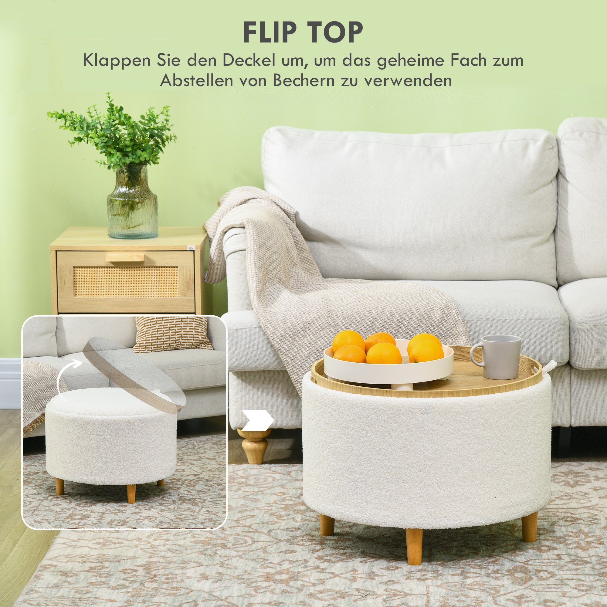 HOMCOM Hocker Polsterhocker, Teddyfleece, versteckter Stauraum, umkehrbarer Deckel, 56 cm x 56 cm x 42 cm, Weiß