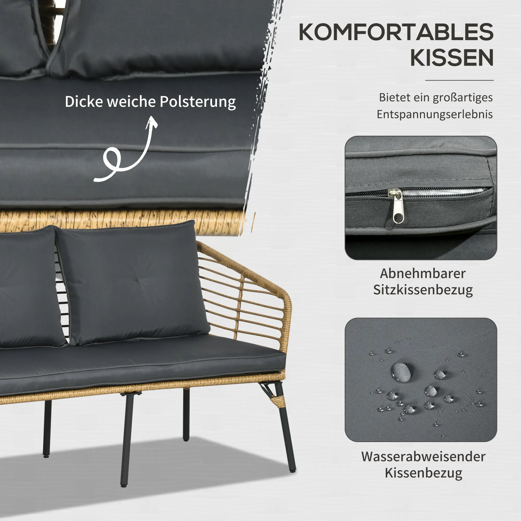 Outsunny Gartenmöbel-Set für 4 Personen, Rattan Sitzgarnitur mit Kissen, Balkonmöbel im Boho-Stil, Sand+Dunkelgrau