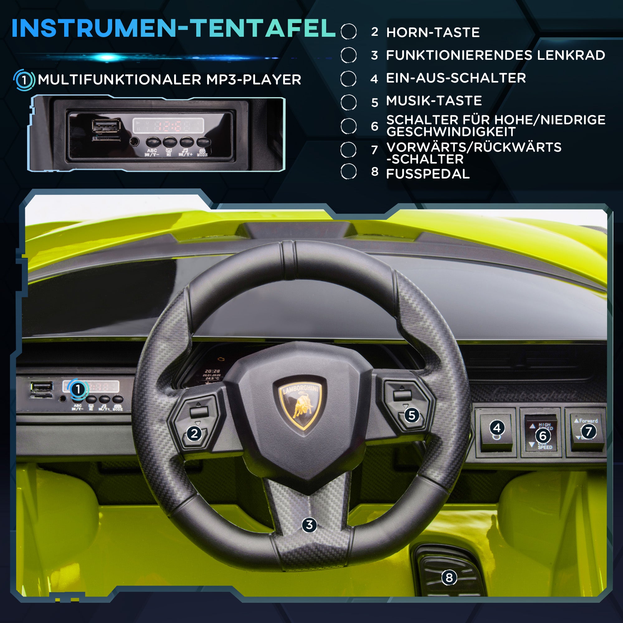 HOMCOM Kinder-Elektroauto, Lamborghini, 3-5 km/h, Fernsteuerung, für 3-5 Jahre, Grün