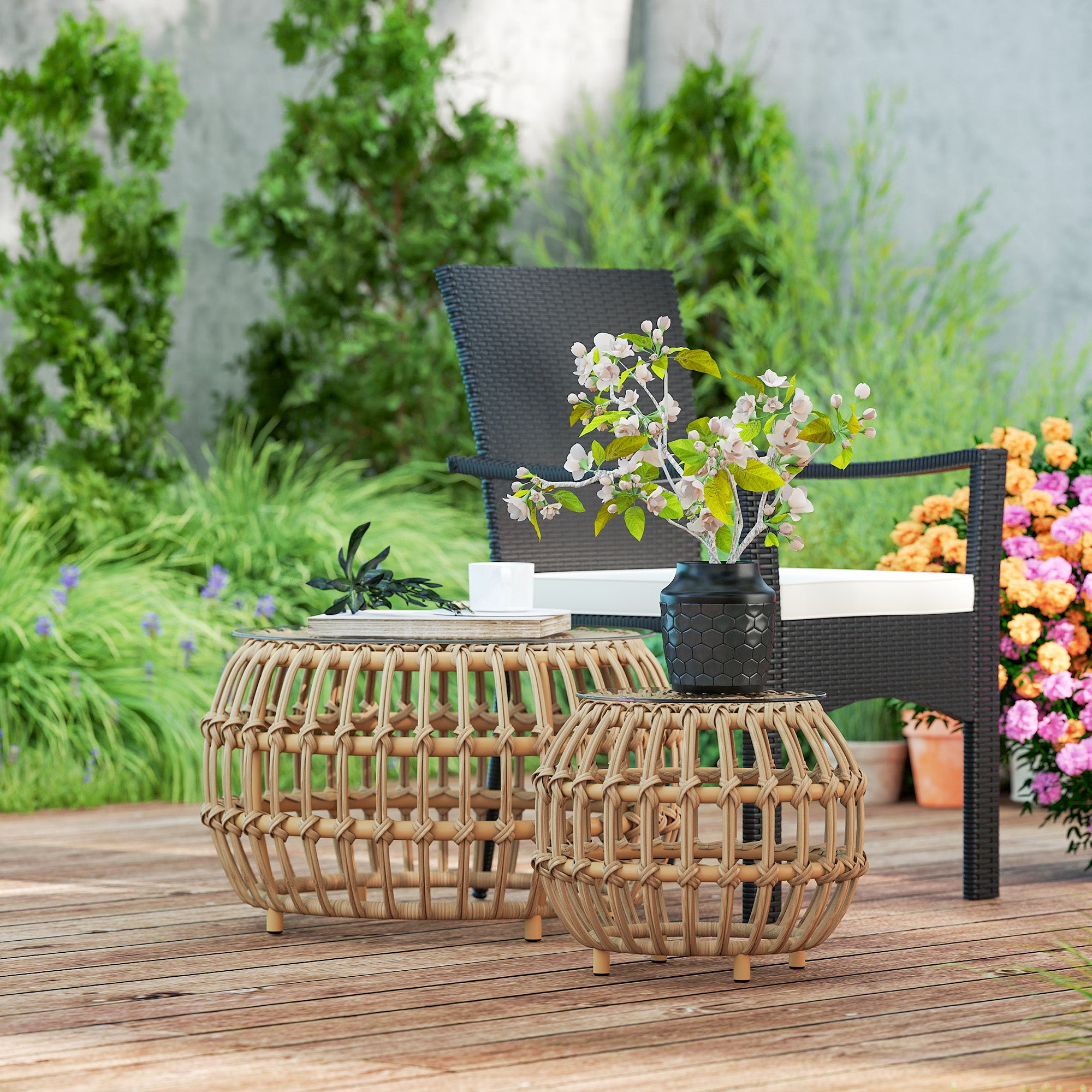 Outsunny 2er Set Beistelltisch Polyrattan Ø66/42 cm rund wetterfest Gartentisch mit Glasplatte Braun