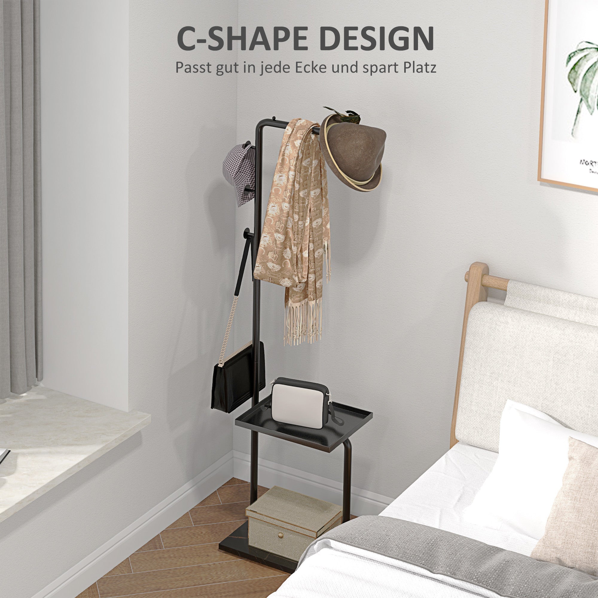 HOMCOM Garderobenständer, Kleiderstange mit Stoppern, 3 Haken, Ablagefach, Kunststeinsockel, Schwarz