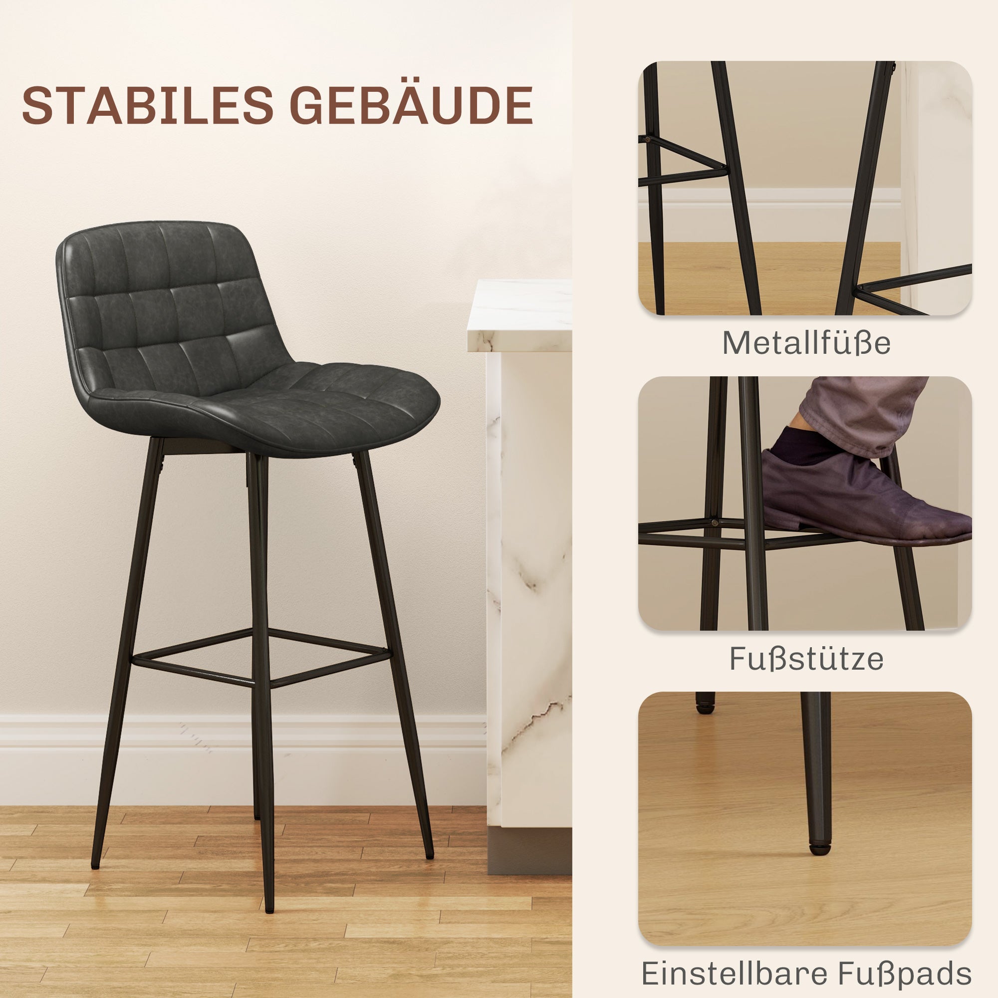 HOMCOM Barhocker im 2er-Set, schöne Steppung, Kunstlederbezug, 98 cm, bis 120 kg, Anthrazit