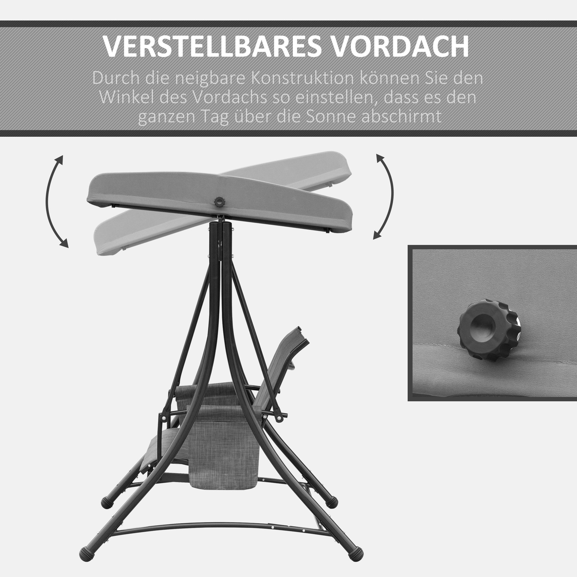 Outsunny Hollywoodschaukel mit Seitentasche, 3-Sitzer Gartenschaukel mit verstellbarem Sonnendach, Schaukelbank belast bis 300kg, für Garten, Terrasse, 196 x 128 x 172 cm, Dunkelgrau