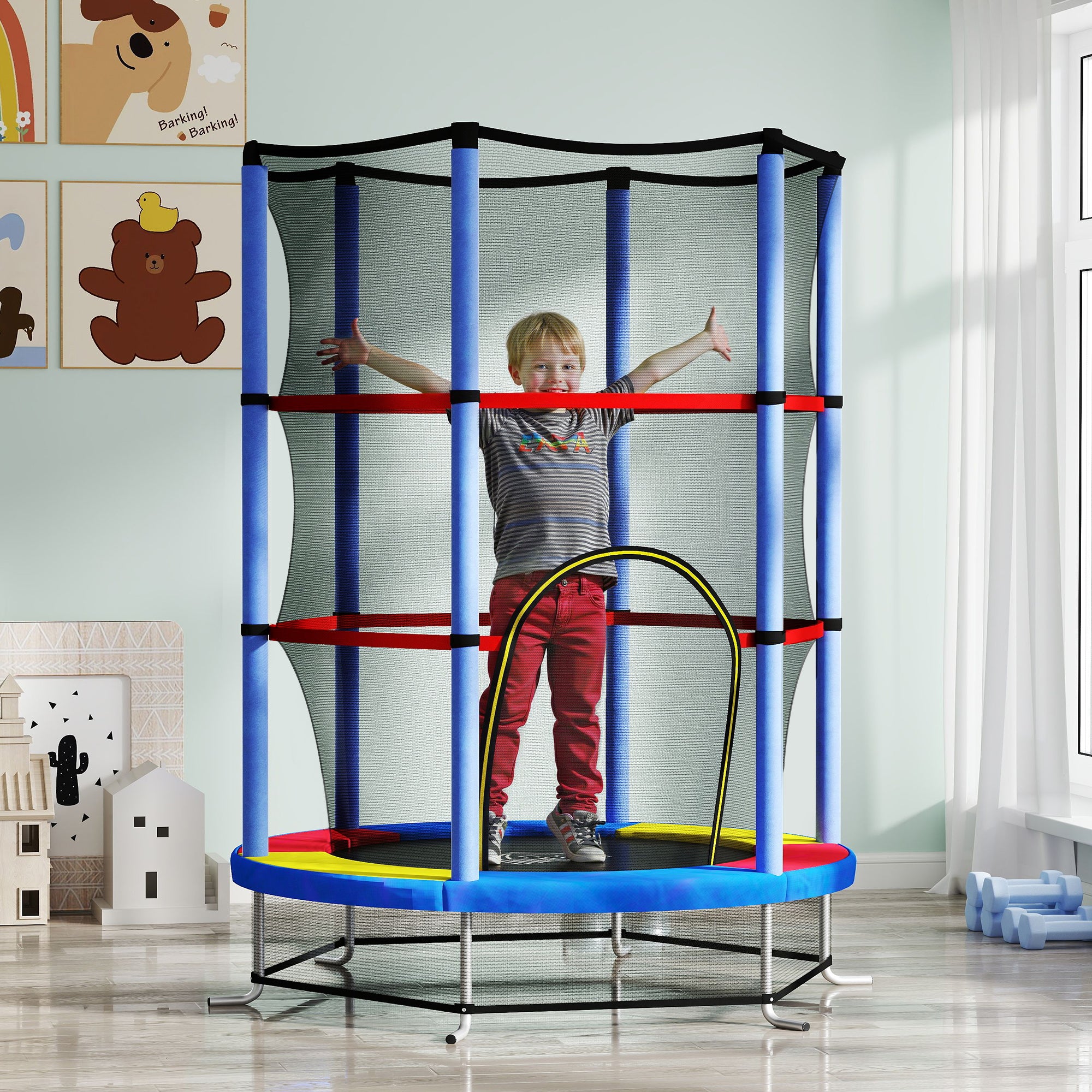 HOMCOM Kindertrampolin, Sicherheitsnetz, Gummifederung, bis 45 kg, Stahlgestell, Ø140x160cm, Bunt