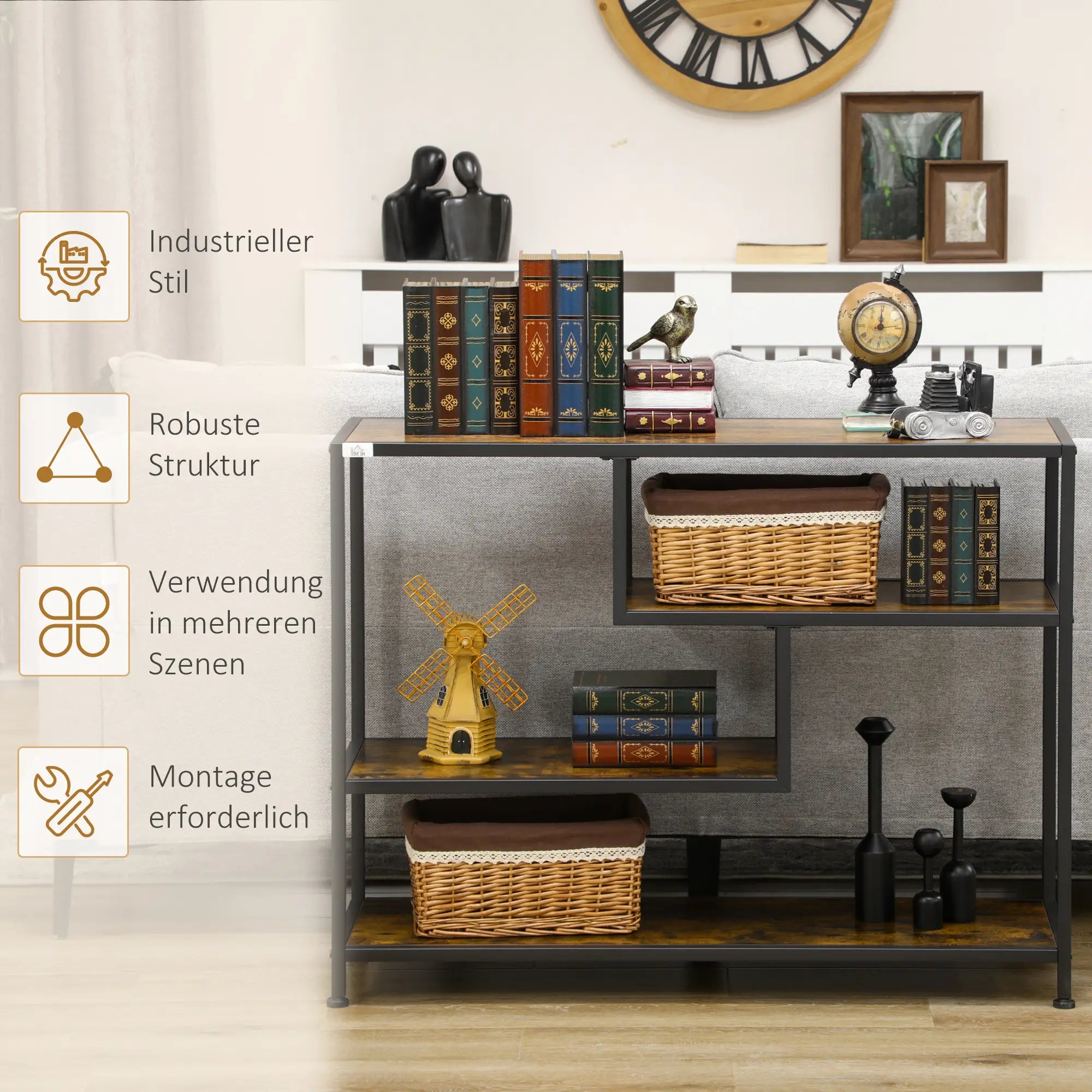 HOMCOM Regal, Konsolentisch, Industrial Design, 4 Böden, Stahlrahmen, 99,6 x 33,6 x 74 cm