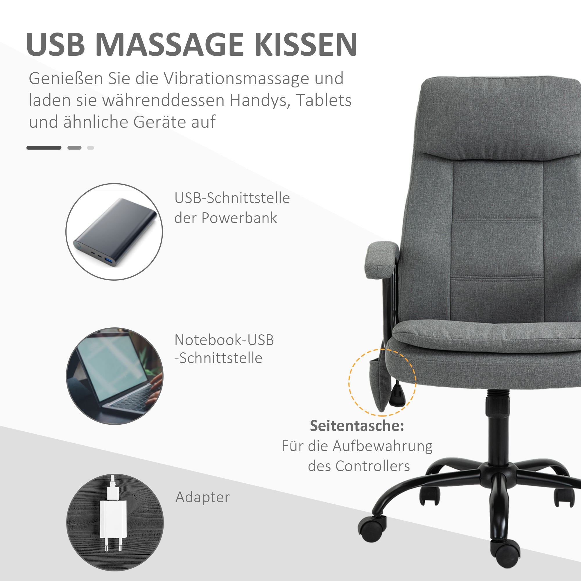 Vinsetto Bürostuhl Massage höhenverstellbarer Chefsessel Gamingstuhl mit Massagefunktion, ergonomischer Drehstuhl Massage Sessel Lendenwirbelsäulenmassage Leinen-Gefühl Grau 63 x 70 x 112-121 cm