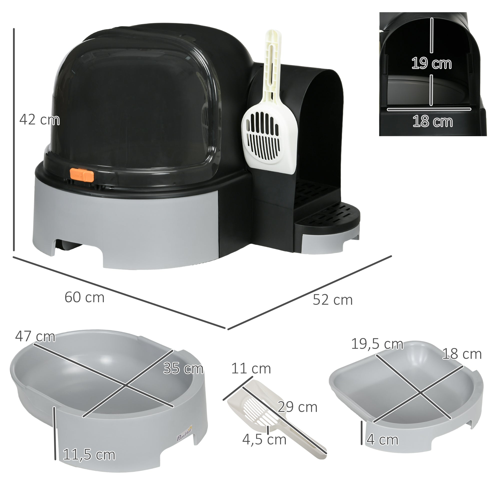 PawHut Katzentoillete Katzenklo, 2 herausziehbare Bodenwannen, 1 Schaufel, Streuauffangfach, Grau + Schwarz