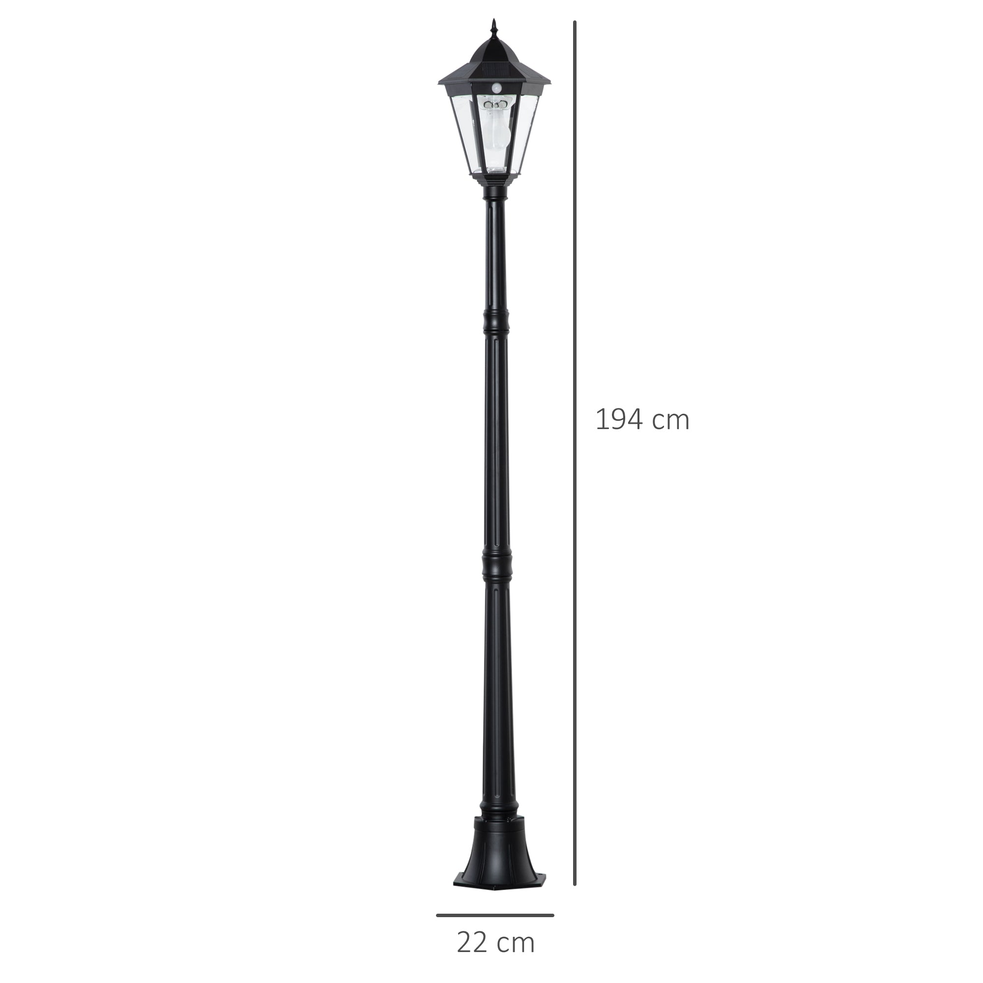 Outsunny Solar Gartenlaterne Laterne Gartenleuchte Wegleuchte mit 19 LED 130 Lumen 3000K Aluminium gehärtetes Glas Schwarz 22 x 22 x 194 cm