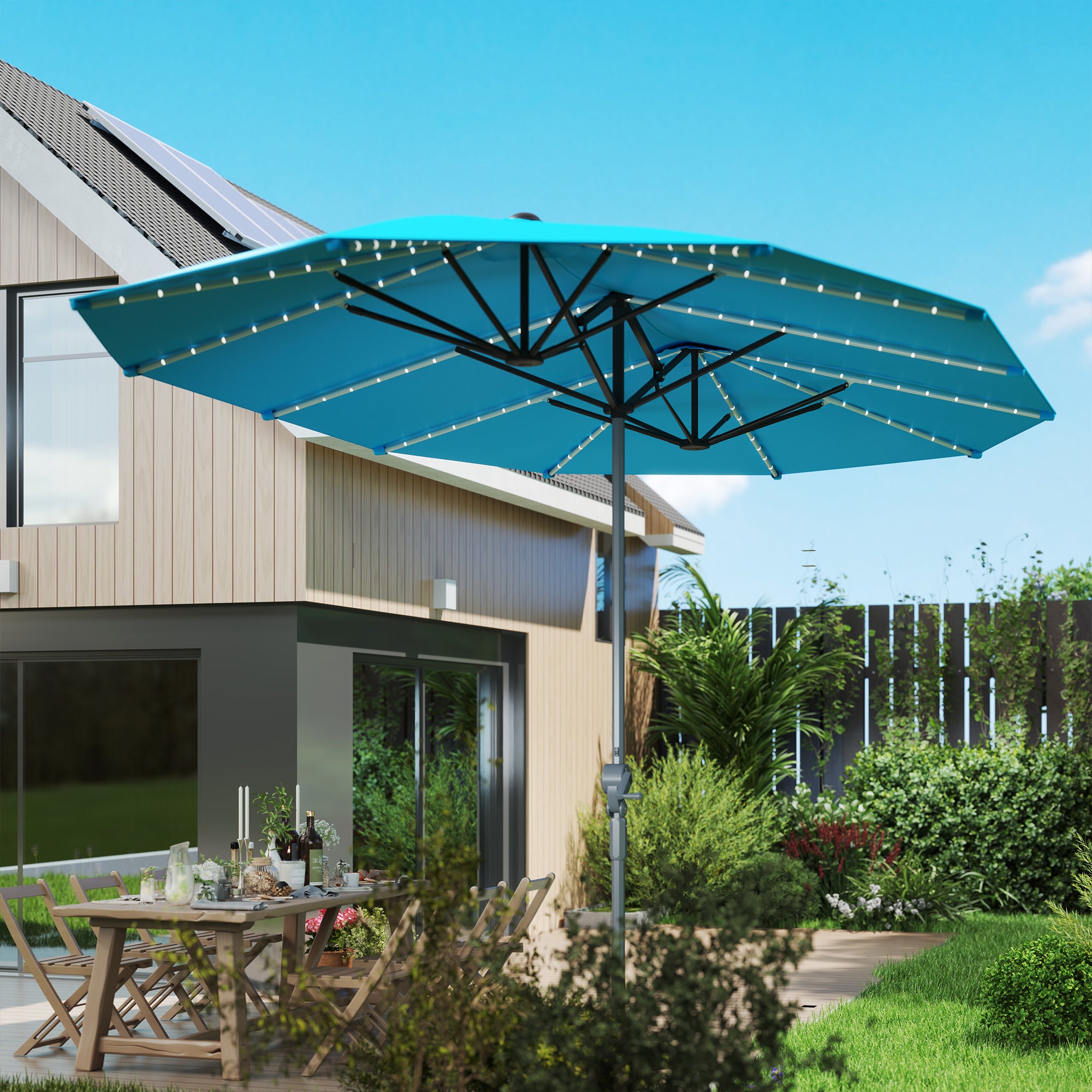 Outsunny Doppelschirm mit Solar-Lichtern, Aluminium, Polyester, UPF50+ Schutz, UV-beständig, Terrassenschirm, Blau