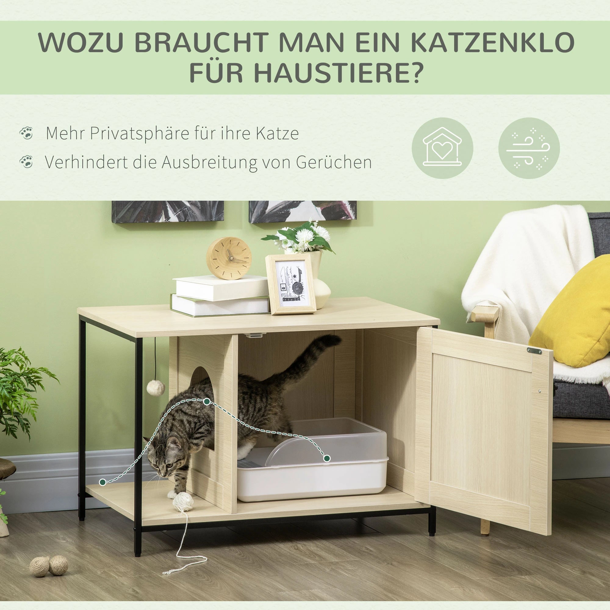 PawHut Katzenschrank Katzentoilette multifunktional Magnettür Eiche