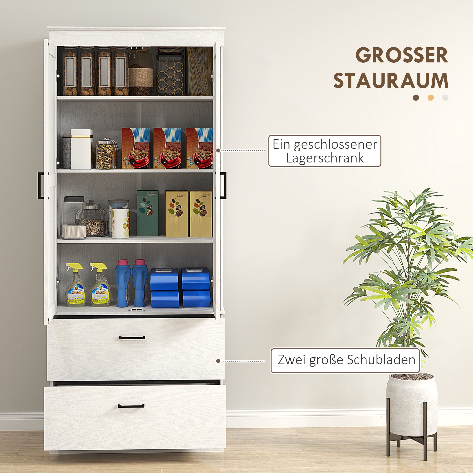 HOMCOM Freistehender Küchenschrank mit verstellbaren Regalen und zwei breiten Schubladen für Wohnzimmer, Küche, Weiß