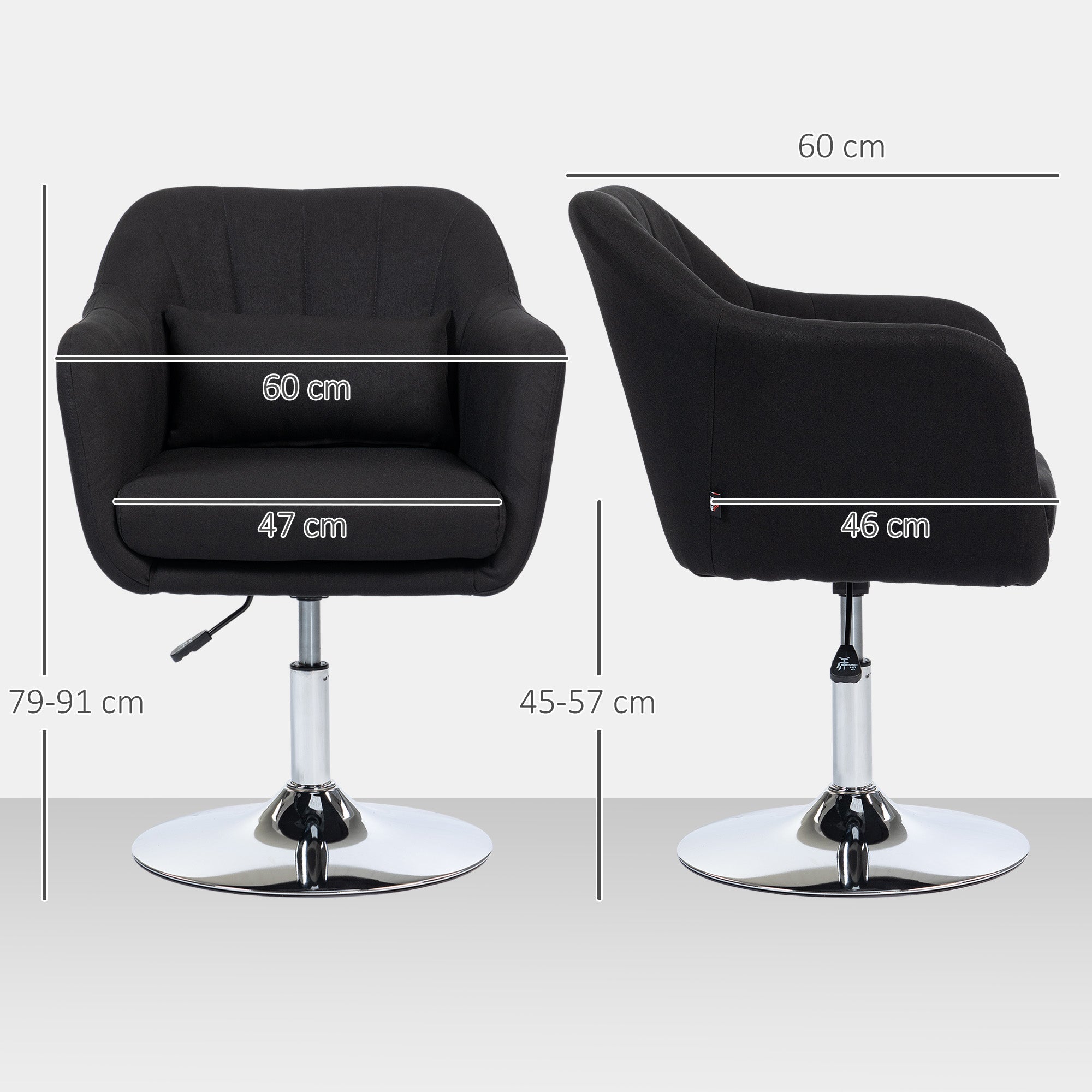 HOMCOM Drehstuhl, höhenverstellbarer Bürostuhl, leinenartiges Polyester, Metall, 60 x 60 x 79-91 cm, Schwarz