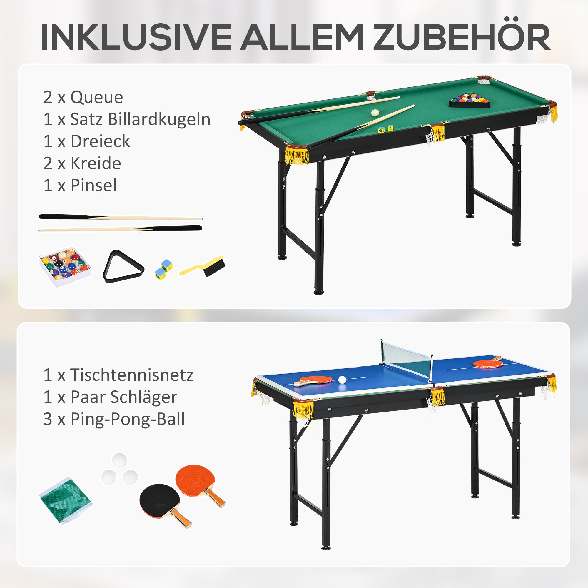 SPORTNOW 2-in-1 Billardtisch, Tischtennisplatte, mit Zubehör, 140x63x80cm, Blau/Grün