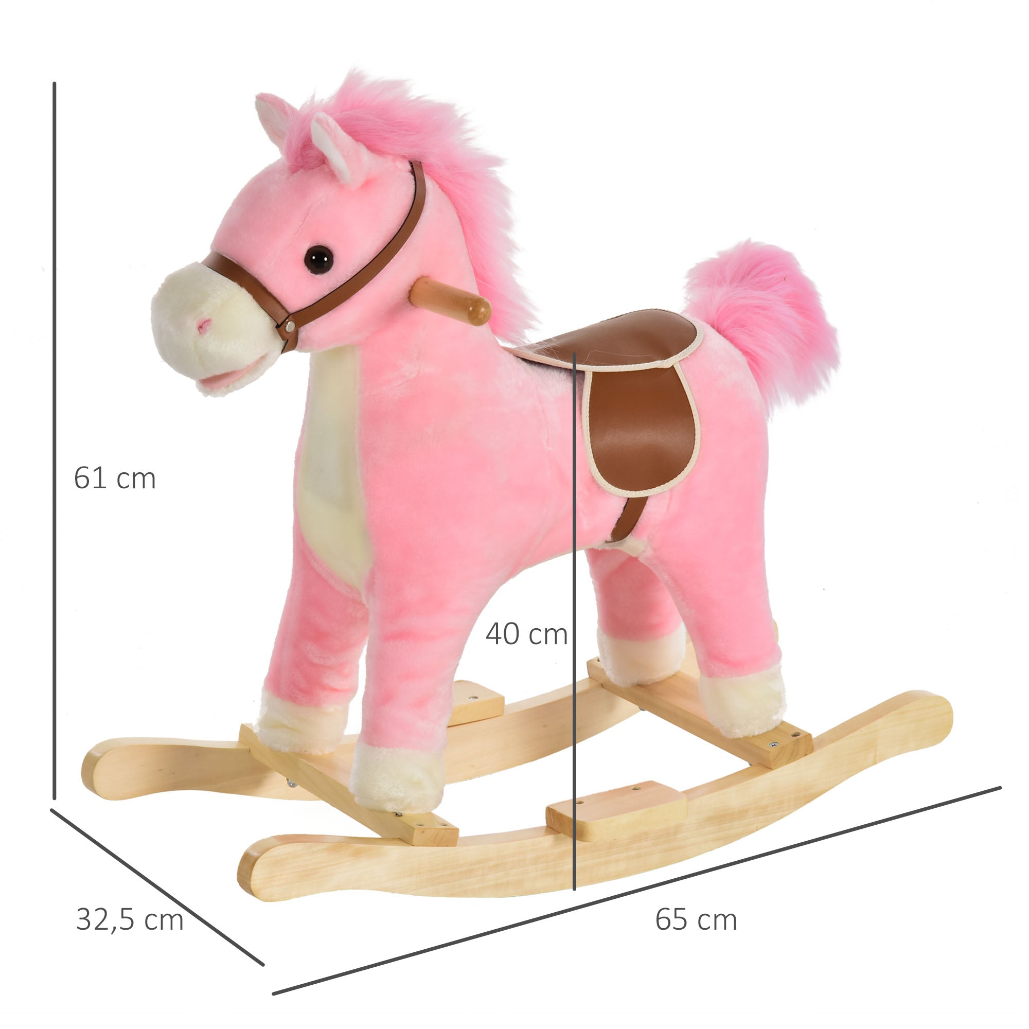 HOMCOM Kinder Schaukelpferd Baby Schaukeltier Pferd mit Tiergeräusche Spielzeug Haltegriffe für 36-72 Monate Plüsch Rosa 65 x 32,5 x 61 cm