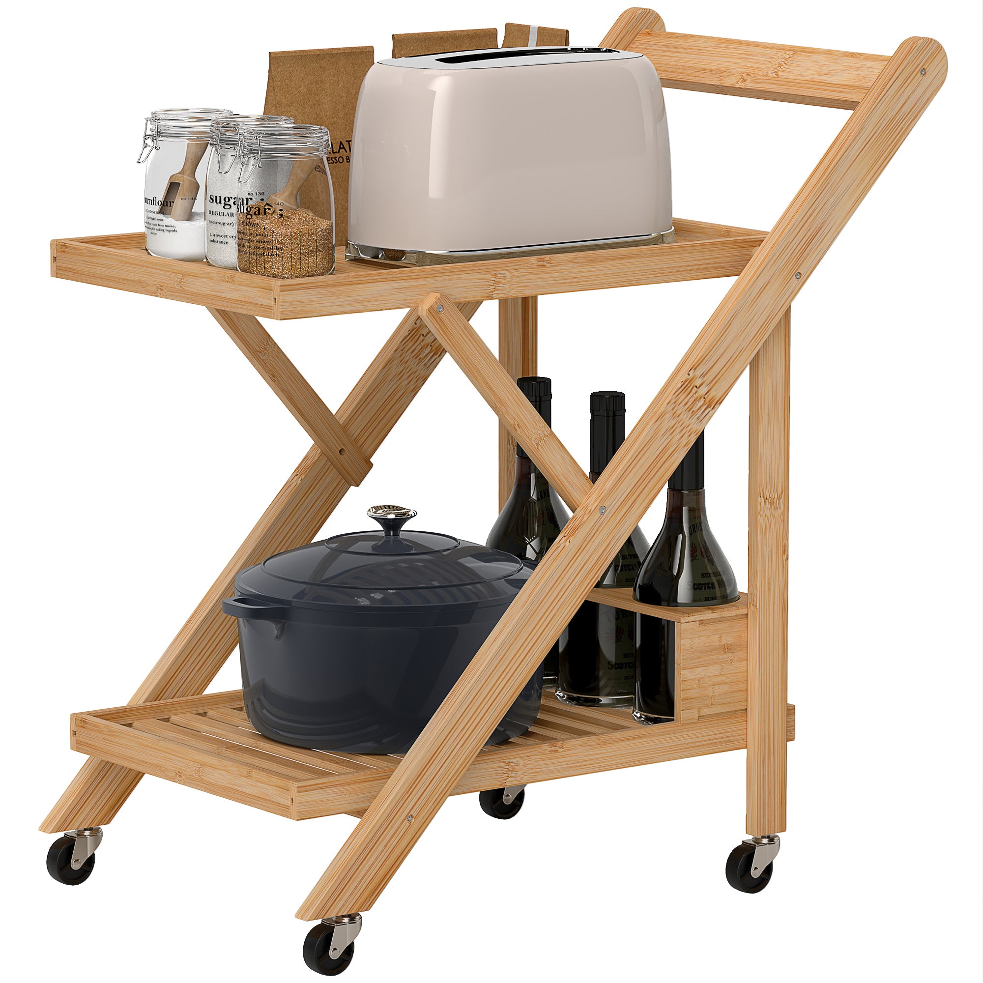 HOMCOM Küchenwagen auf Rädern, Servierwagen mit 3 Weinregalen, 2 Tabletts, für Küche, Esszimmer, Bambusholz, Hellbraun