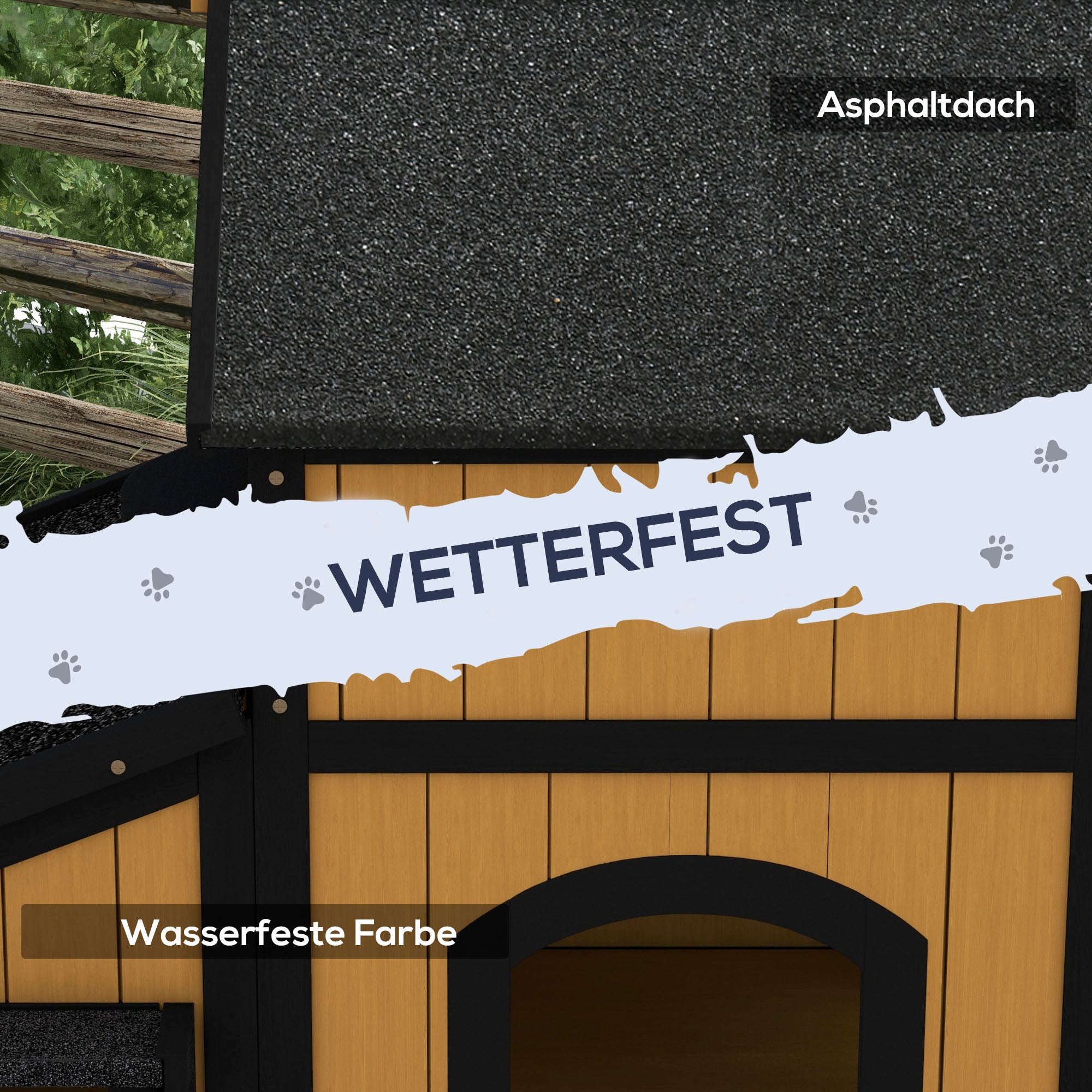 PawHut Katzenhaus Katzenhütte Katzenhöhle, inkl. Blumenkasten, 96 cm x 65 cm x 85,5 cm, Gelb + Weiß + Schwarz