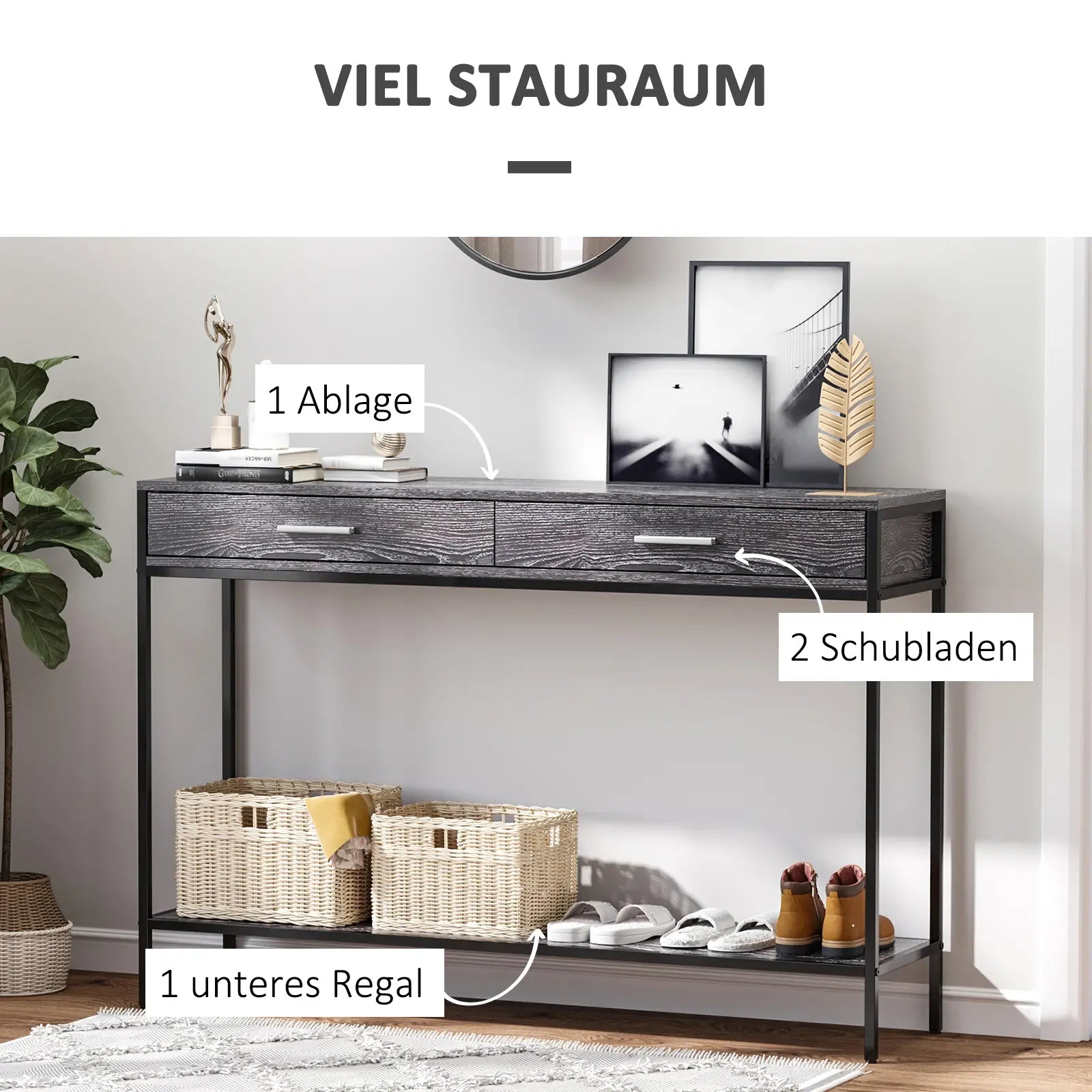 HOMCOM Konsolentisch Eingangstisch Beistelltisch 2 Schubladen Unterregal Stahl Grau 120 x 30 x 81,5 cm