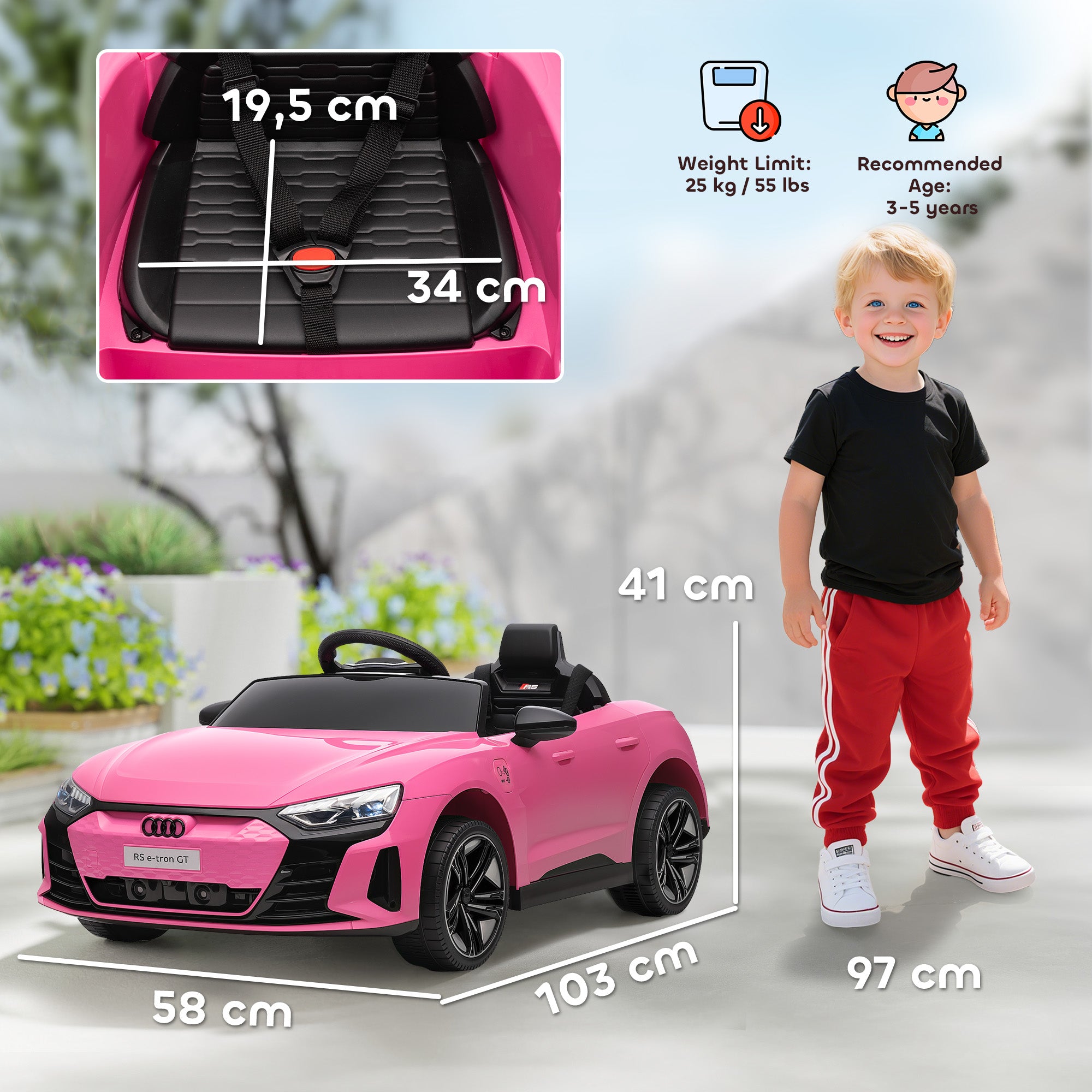 HOMCOM Kinder-Elektroauto mit Fernbedienung, Sicherheitsgurt, Hupe, Musik, Scheinwerfer, bis 5 km/h, 3-5 Jahre, Rosa