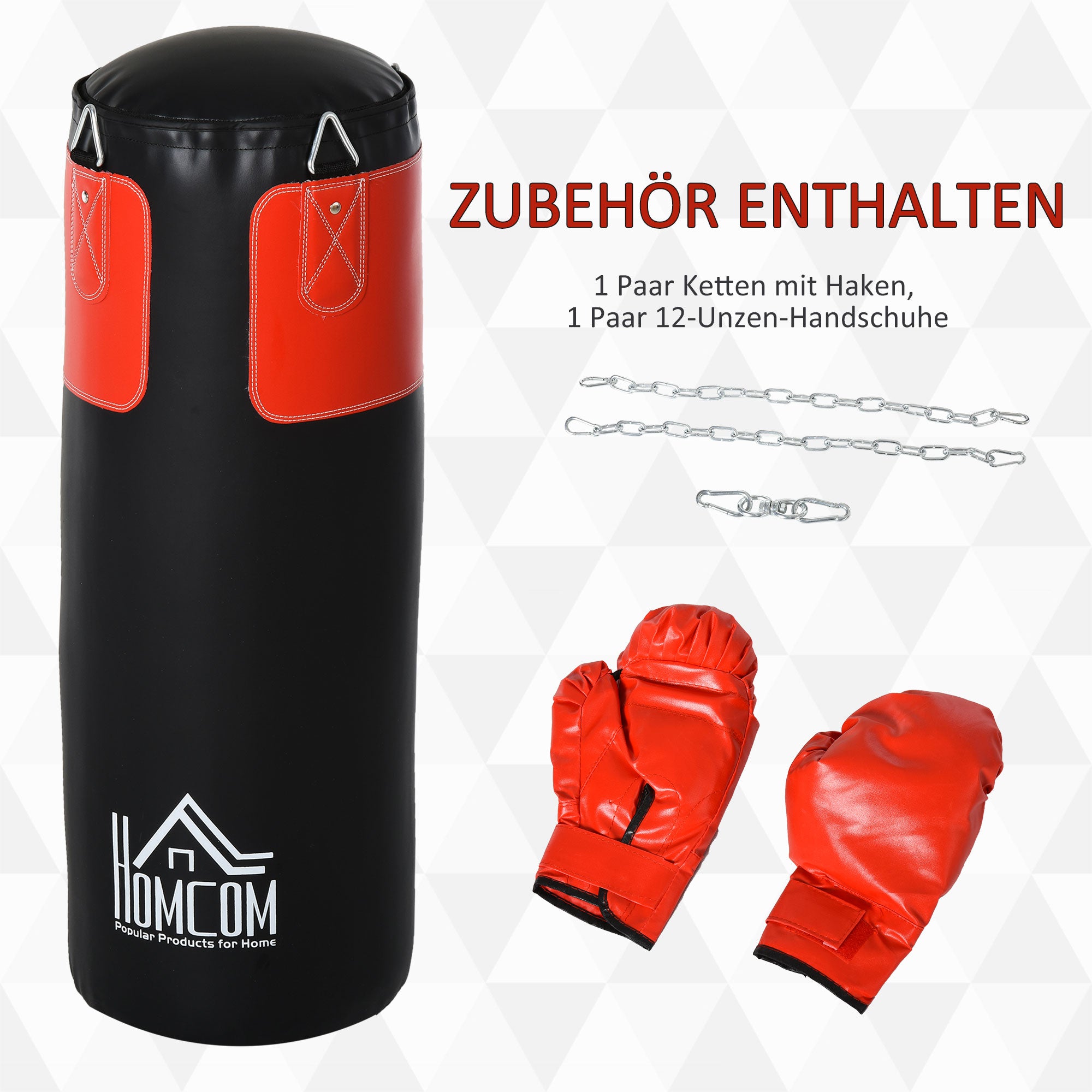 HOMCOM Boxsack-Set Box-Set mit Boxhandschuhen Gefüllt Set für Erwachsene Jugendlichen Hanging Boxing Heavy Bag 16 KG Ø30 x 120 cm Schwarz+Rot