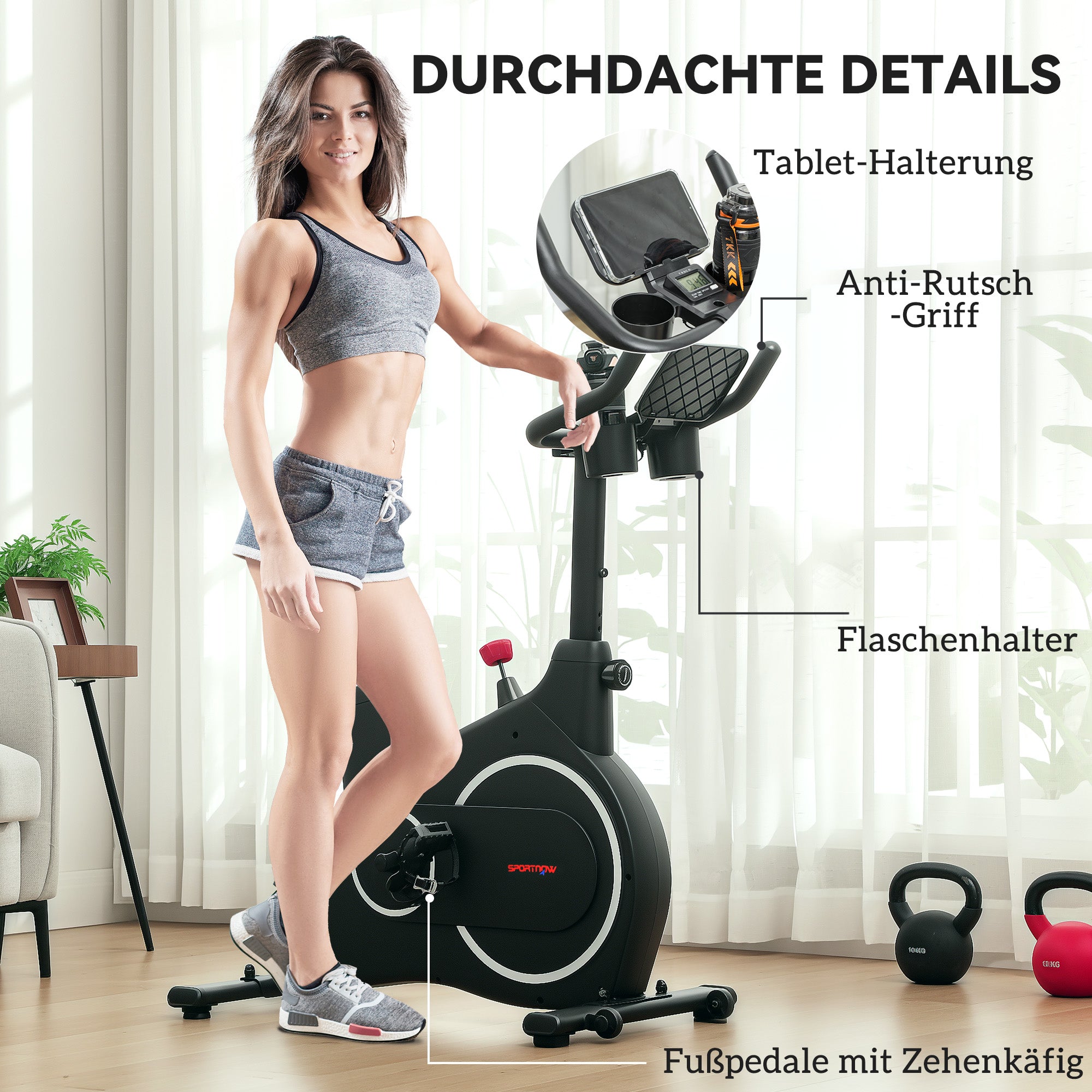 SPORTNOW Heimtrainer Fahrrad, Fitness-Bike mit LCD-Monitor, Tablet-Halter, Flaschenhalter, bequemer Sitz, kompakt, Schwarz
