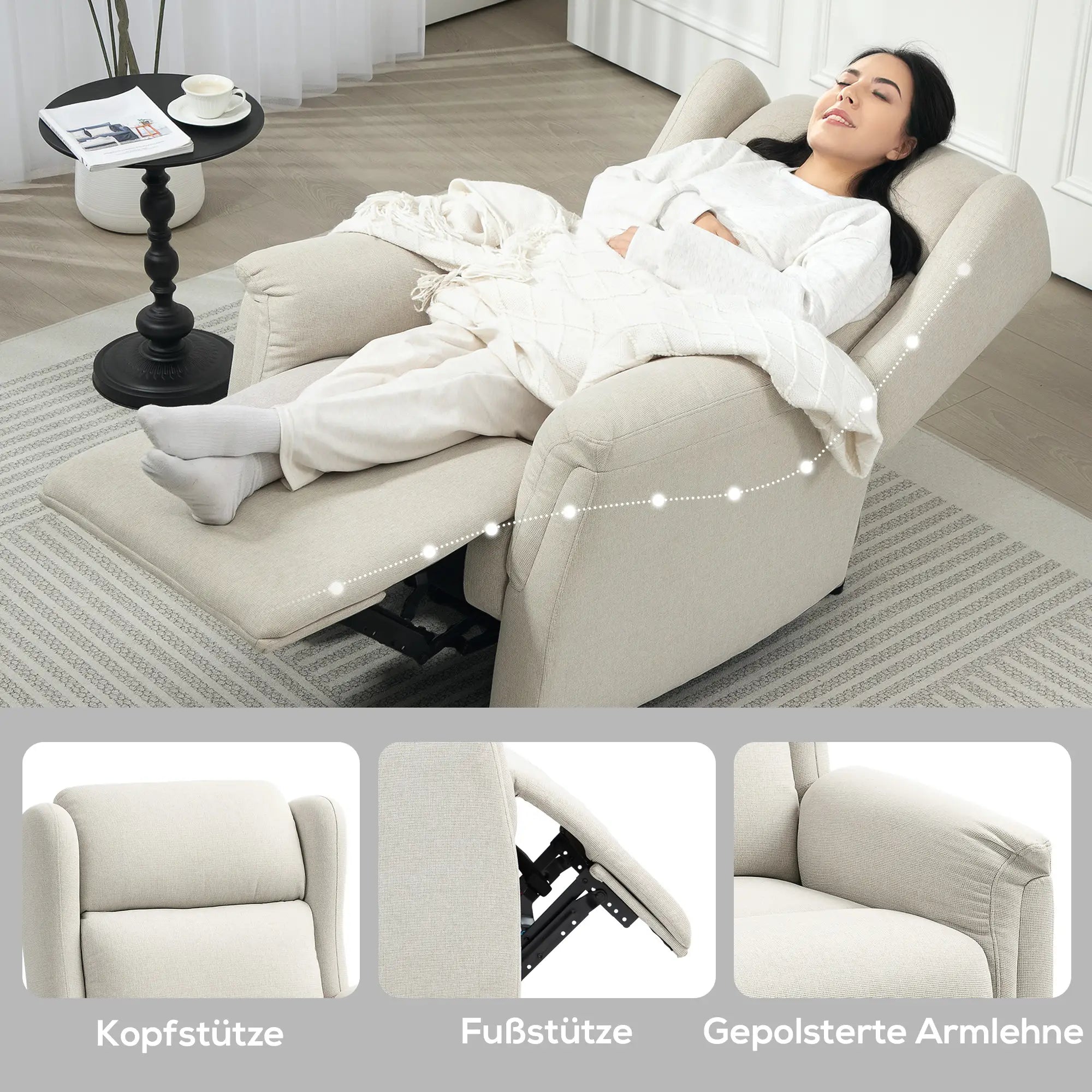 HOMCOM Relaxsessel, Verstellbarer Polstersessel mit Fußstütze, 160° neigbar, Leinenoptik, schneller Aufbau, Beige