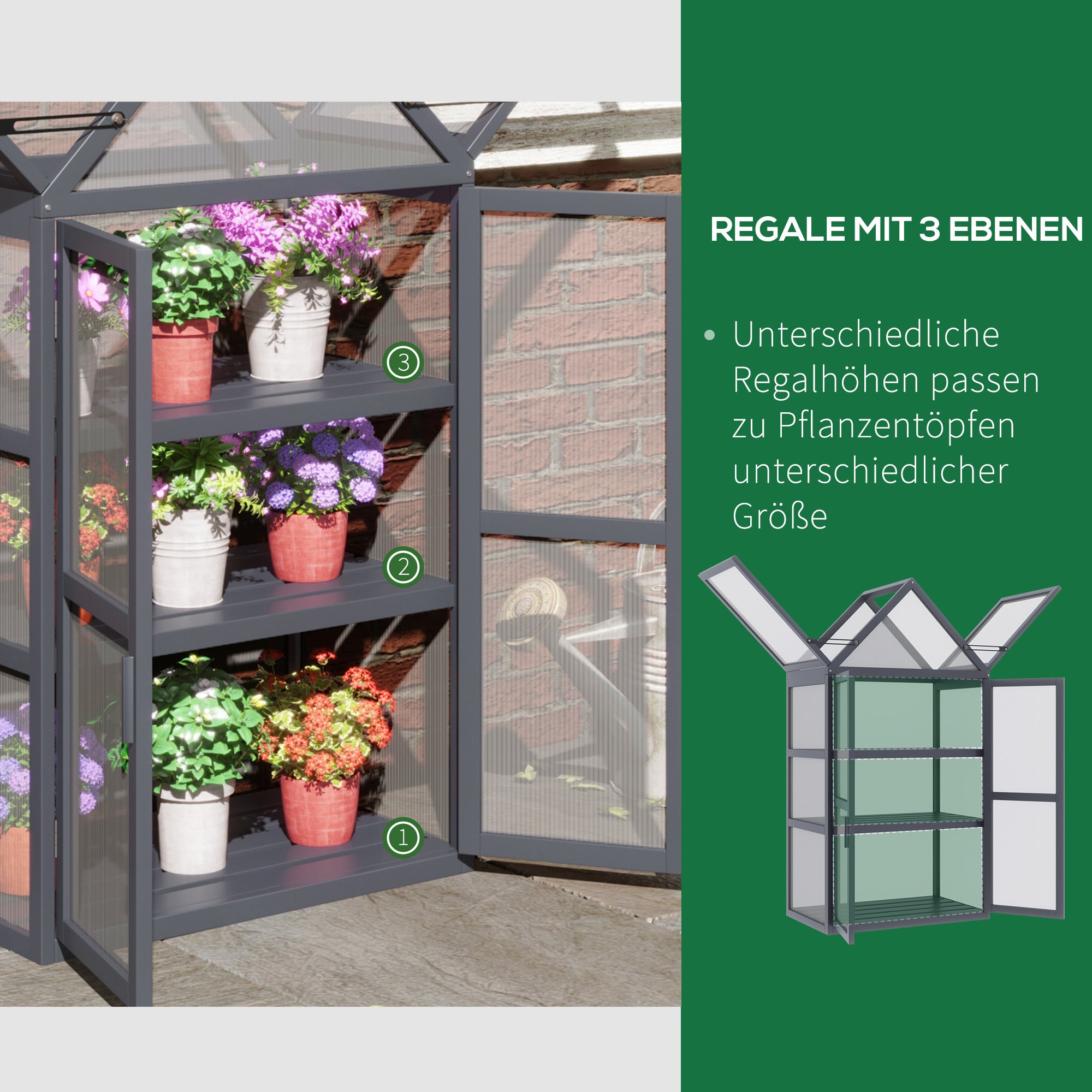 Outsunny Frühbeet Mini Gewächshaus 3 Ebenen Treibhaus Pflanzenbeet mit aufklappbarem Dach Doppeltüren aus Holz Polycarbonat wetterfest Natur 70,5 x 42 x 132 cm