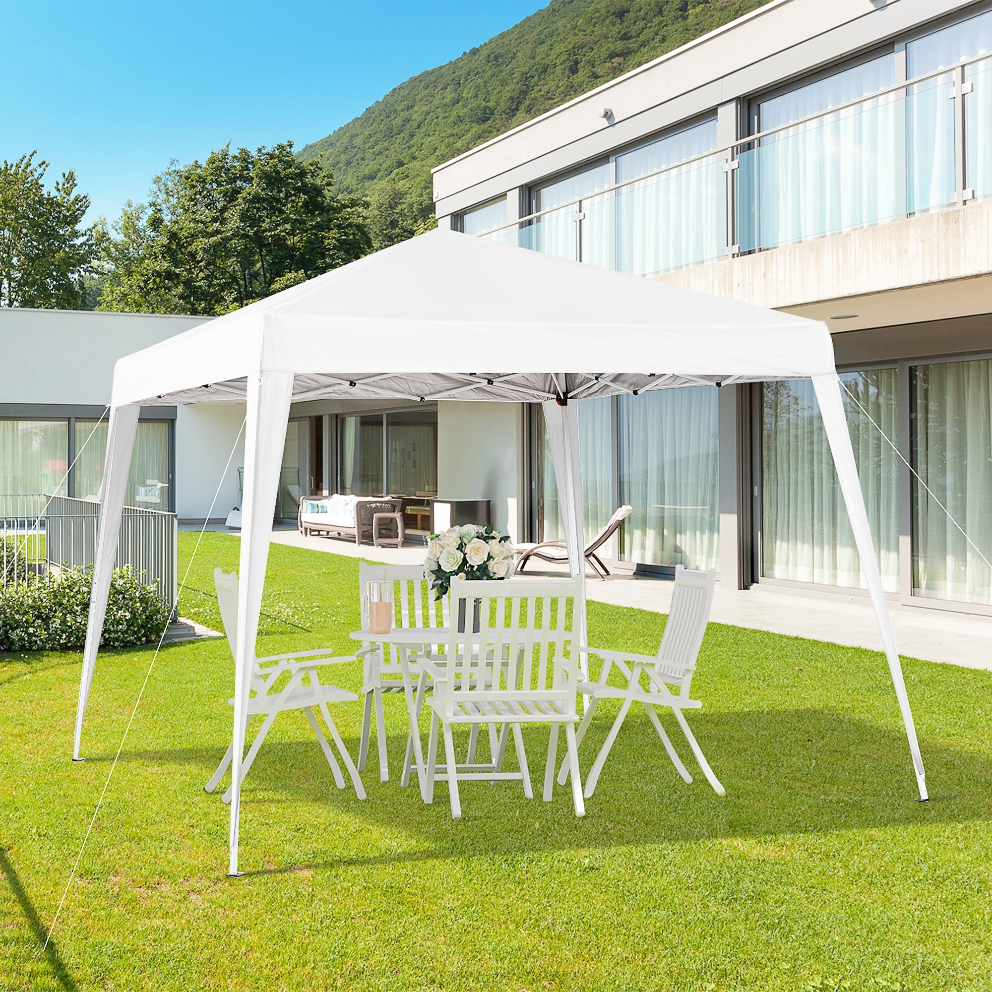 Outsunny Faltpavillon 2,4x2,4m Pavillon Faltzelt mit UV-Schutz, Partyzelt inkl. Tragetasche für Garten, Balkon, Stahl Weiß