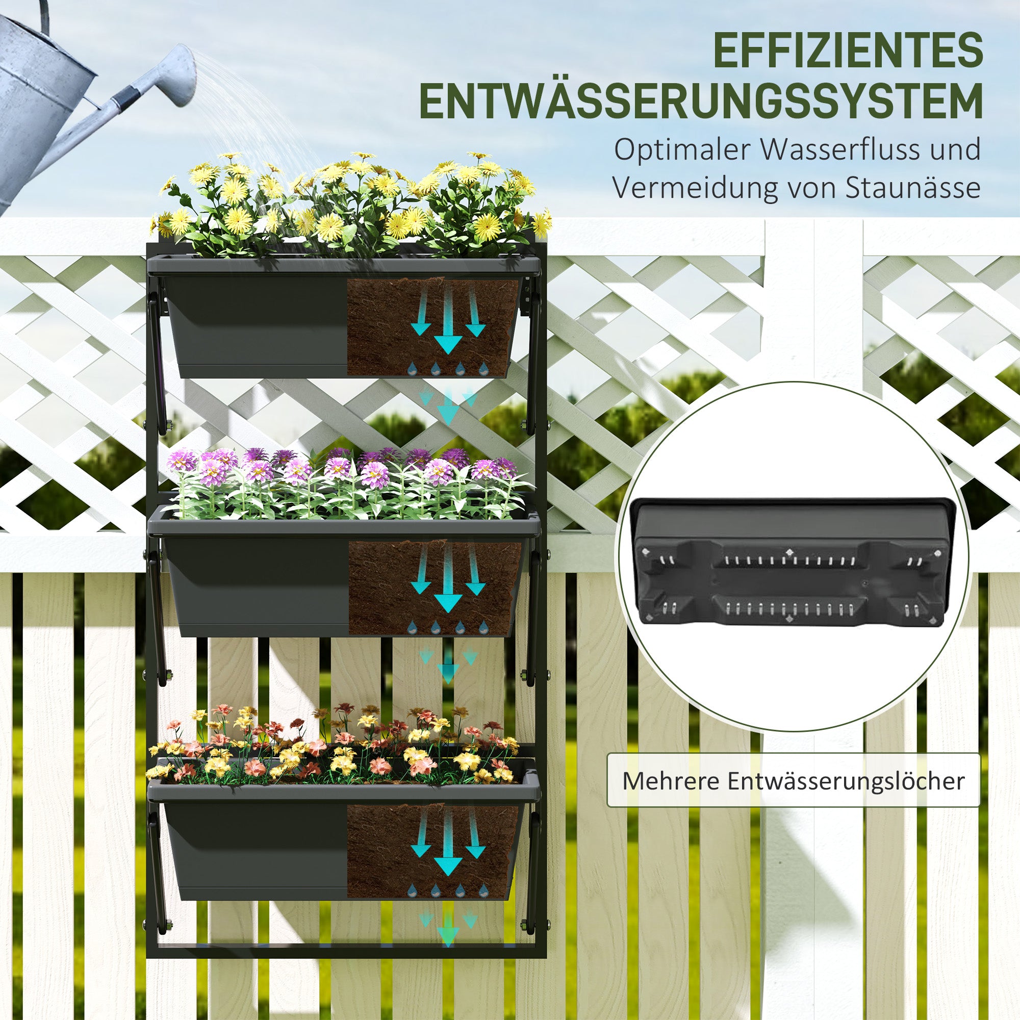 Outsunny er Set Blumentopf Pflanzkübel mit Löcher, 56x42 cm Pflanztöpfe, eckig Pflanztopf, Kunststoff Dunkelgrau