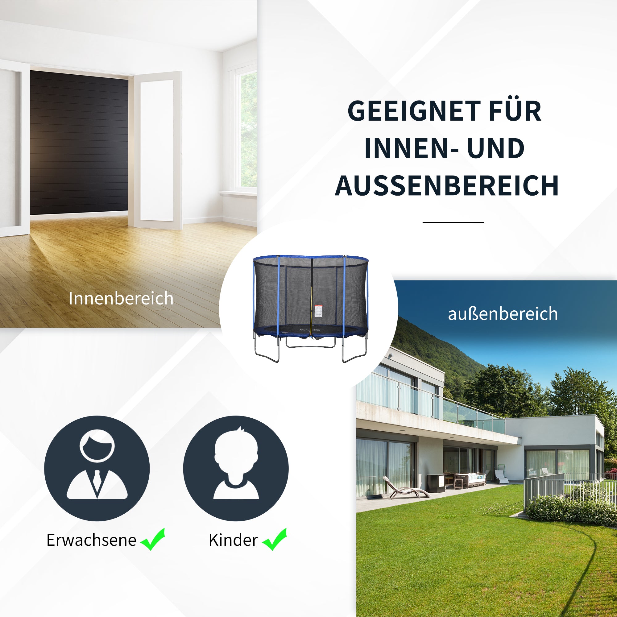 HOMCOM Trampolin mit Sicherheitsnetz Gartentrampolin für Innen- und Außenbereich Fitnesstrampolin für Kinder und Erwachsene Stahl Blau+Schwarz bis 113,6 kg Ø305 x 248H cm
