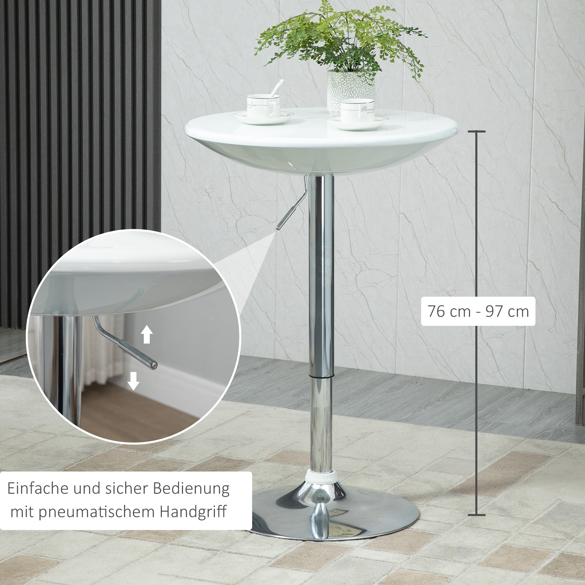 HOMCOM Bartisch moderner Esstisch höhenverstellbarer Bistrotisch Stehtisch Tresentisch Schreibtisch rund Metall ABS-Lackierung Weiß Ø61 x 76-97 cm