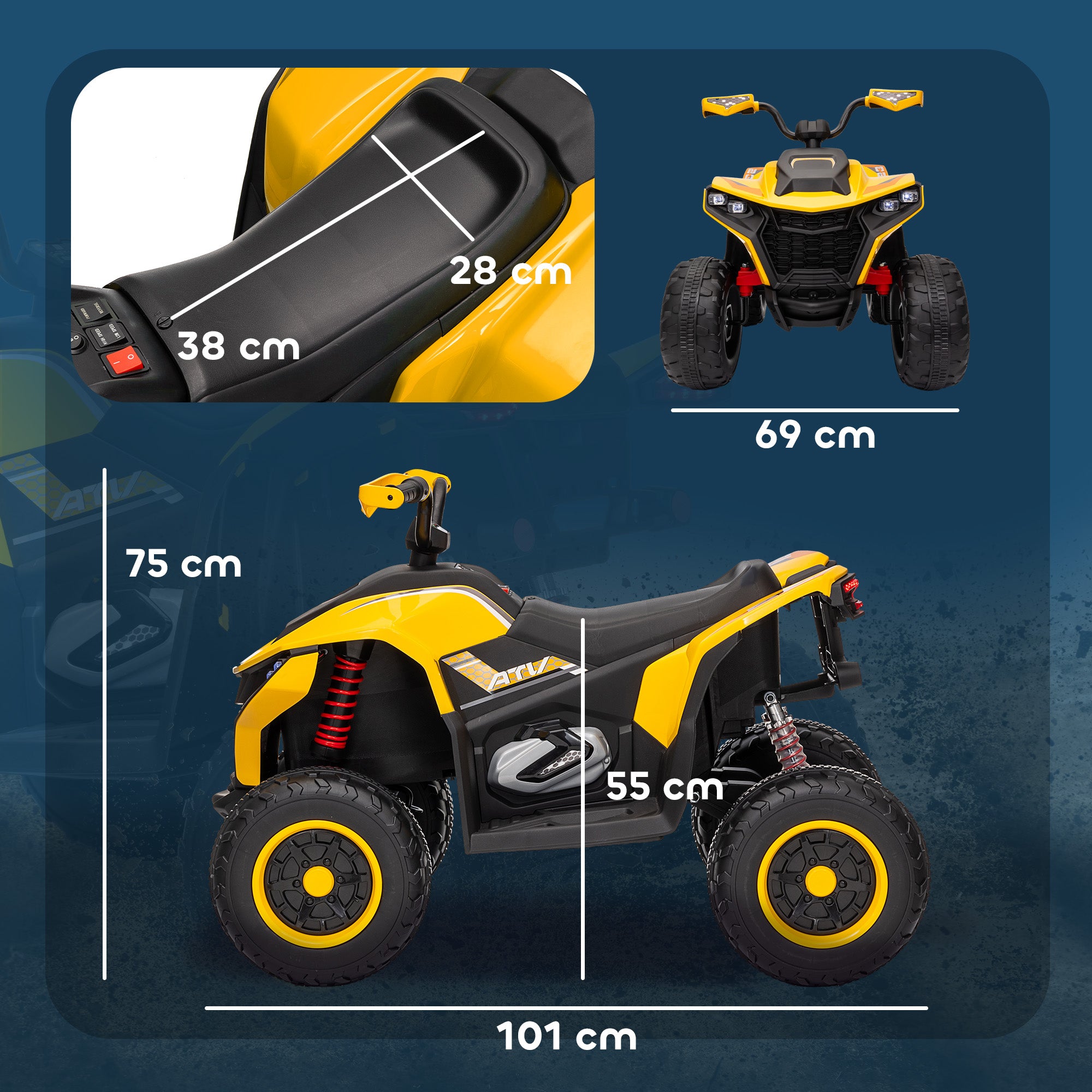 AIYAPLAY Elektroquad für Kinder, 3-6 km/h, LED-Scheinwerfer, Musik, USB, für 3-8 Jahre, Gelb