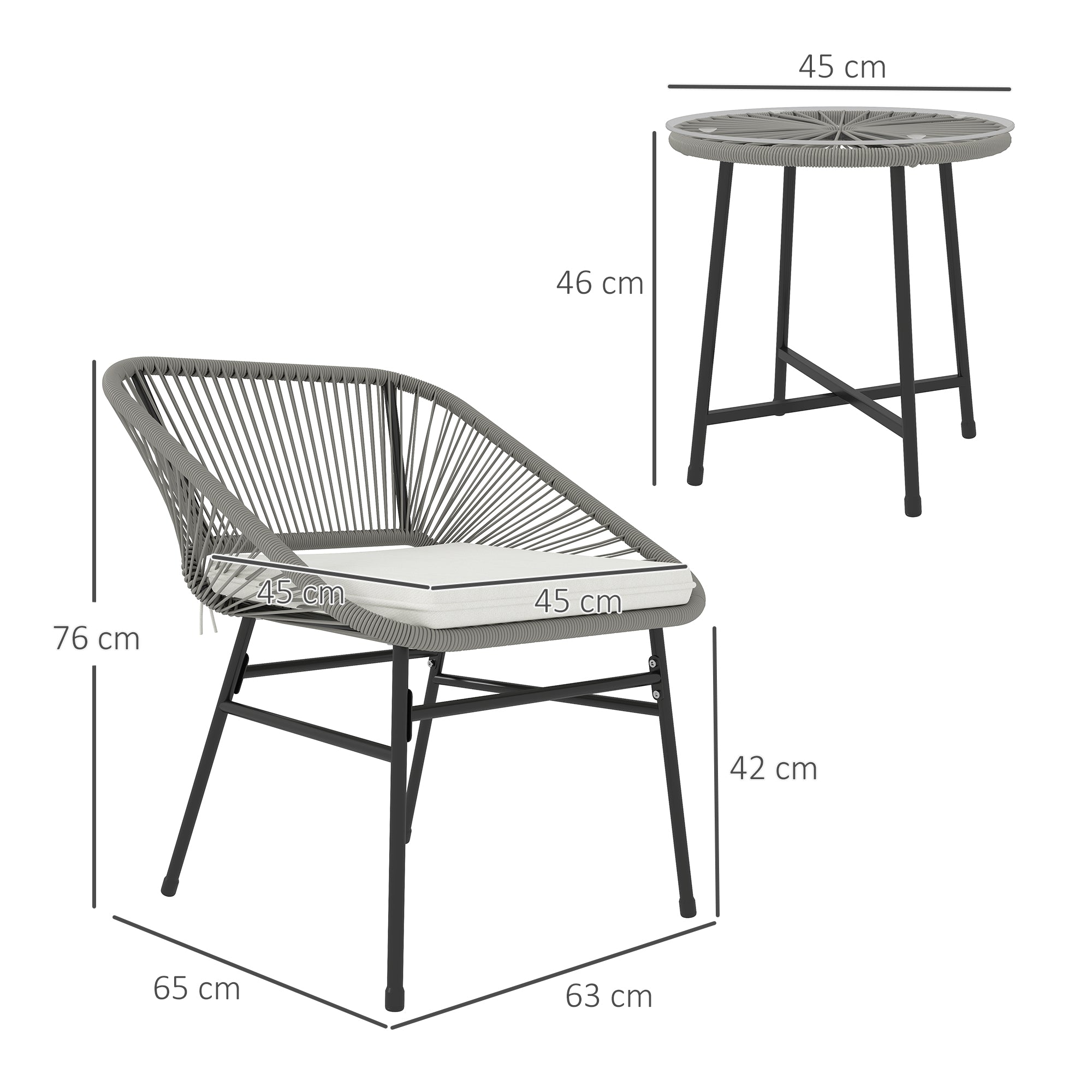 Outsunny 3-teiliges Outdoor-Möbelset, 1 Tisch, 2 Stühle, Rattan-Geflecht, Stahlrahmen, Kaffeetisch mit Glasplatte, Dunkelgrau