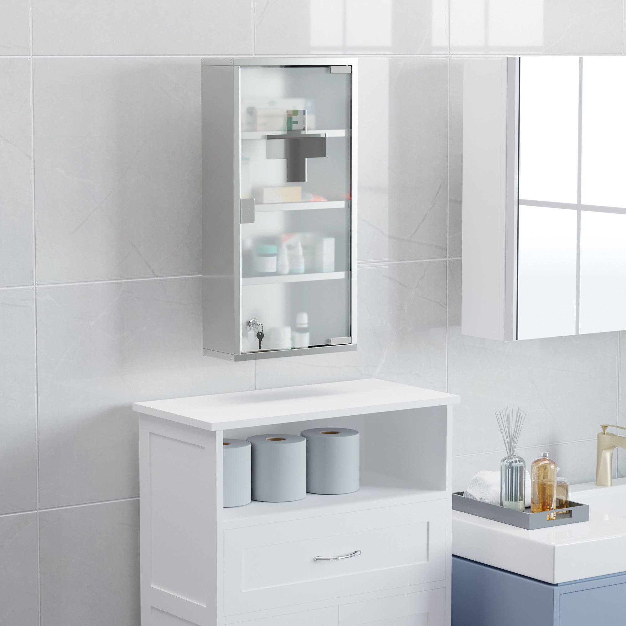 HOMCOM Medizinschrank Arzneischrank aus Edelstahl, Abschließbar Medikamentenschrank mit 4 Fächern, Glastür Apothekerschrank zur Medikamenten-Aufbewahrung, 30 x 12 x 60 cm