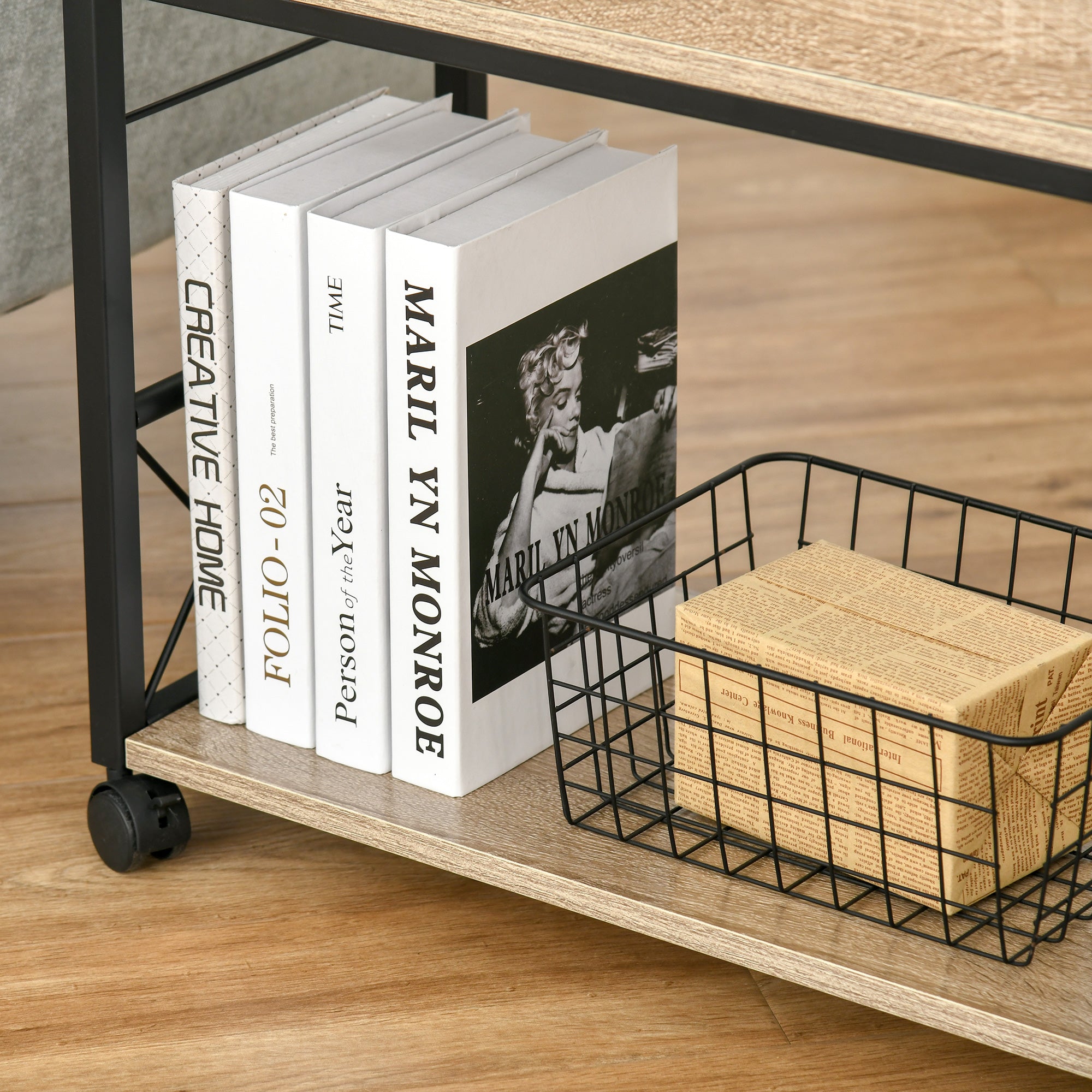 HOMCOM Beistelltisch Servierwagen mit Rädern Küchenwagen Kaffeetisch mit Schublade Ablage Sideboard beweglich Spanplatte Natur 60 x 30 x 65 cm