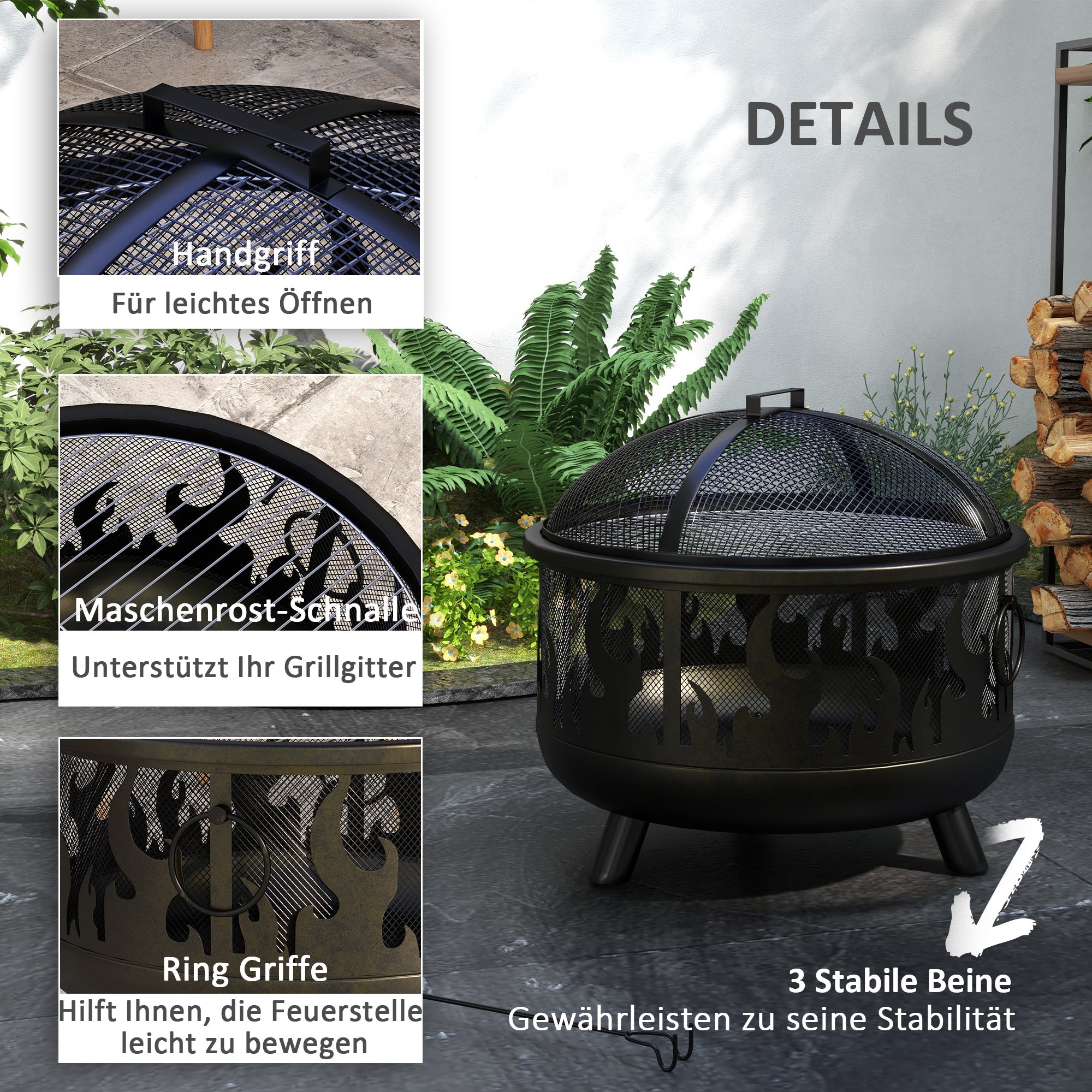 Outsunny Feuerschale Feuerstelle, inkl. Funkenschutz, 1 Schürhaken, Ø61,5 cm x 52 cm, Schwarz