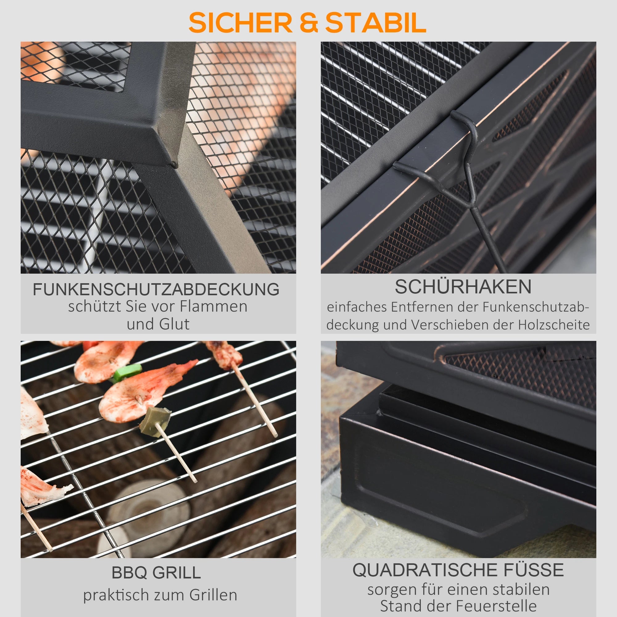 Outsunny Feuerschale Grillfunktion tragbar mit Funkenschutz Schürhaken