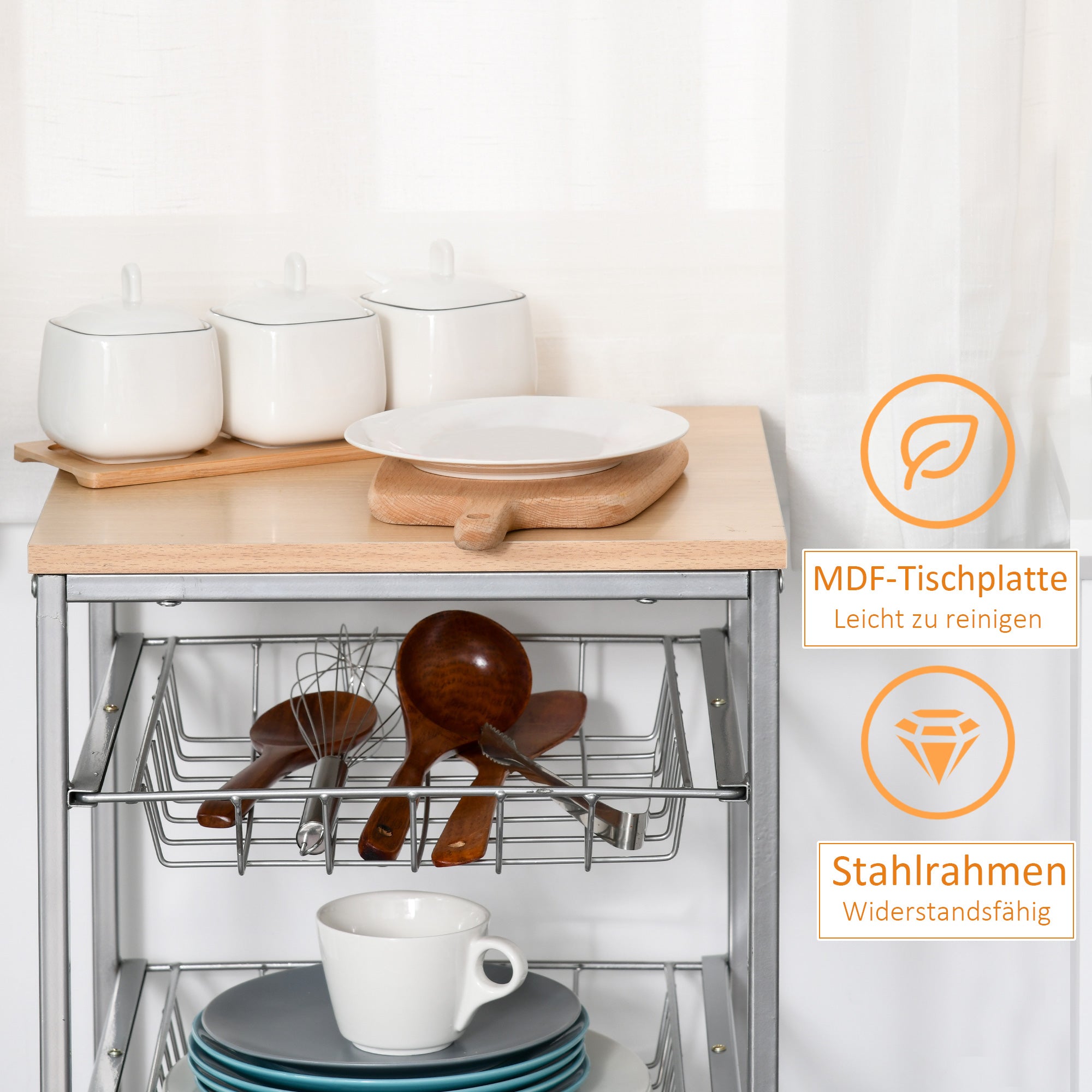 HOMCOM Küchenwagen Rollwagen mit 4 Ebenen Küchenregal mit Metallkörben, Allzweckwagen auf Rollen, Aufbewahrungswagen für Küche Bad Büro Wohnzimmer Silber