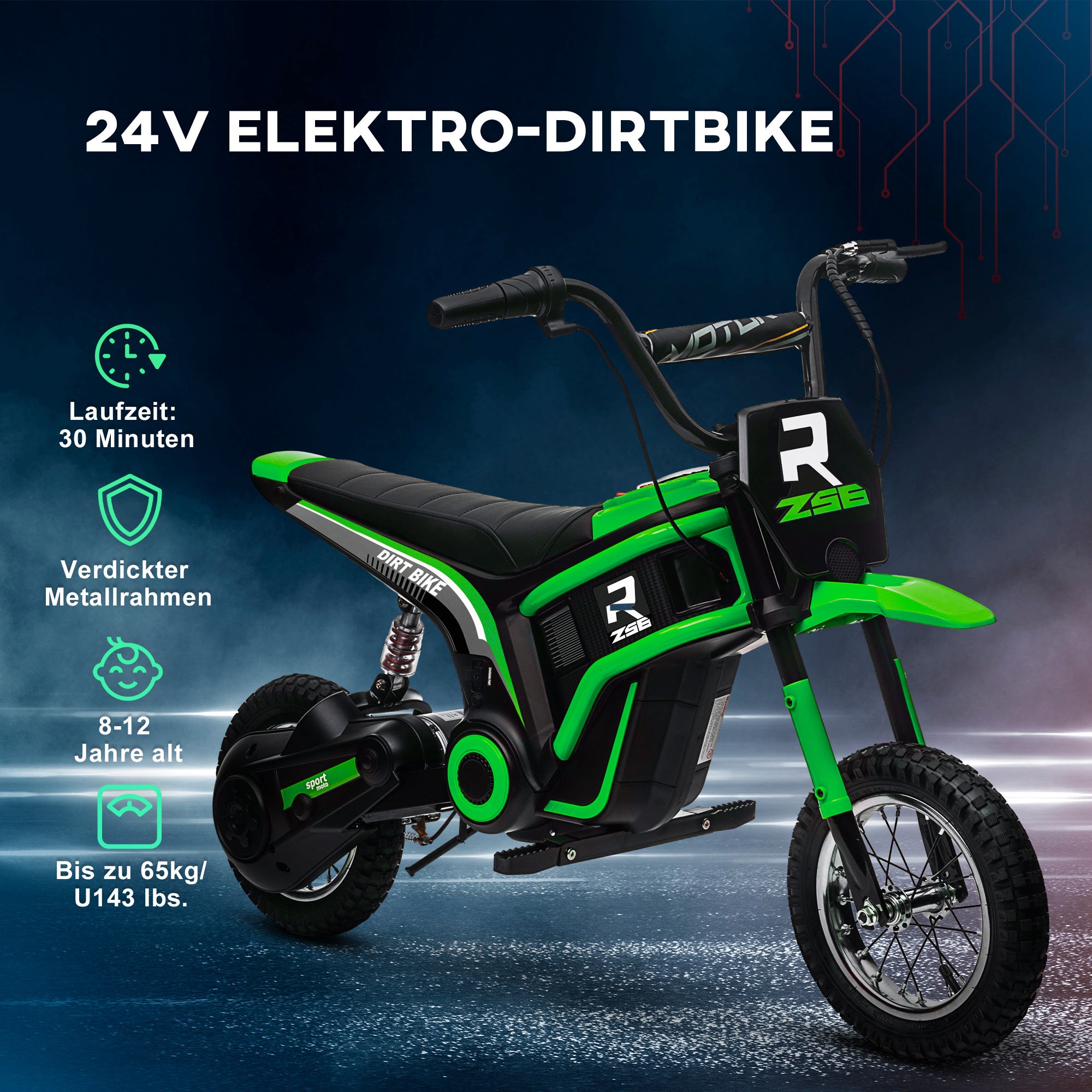 HOMCOM Elektro-Kindermotorrad, 24V Motor, einstellbare Geschwindigkeit, Musik & Lichter, Grün