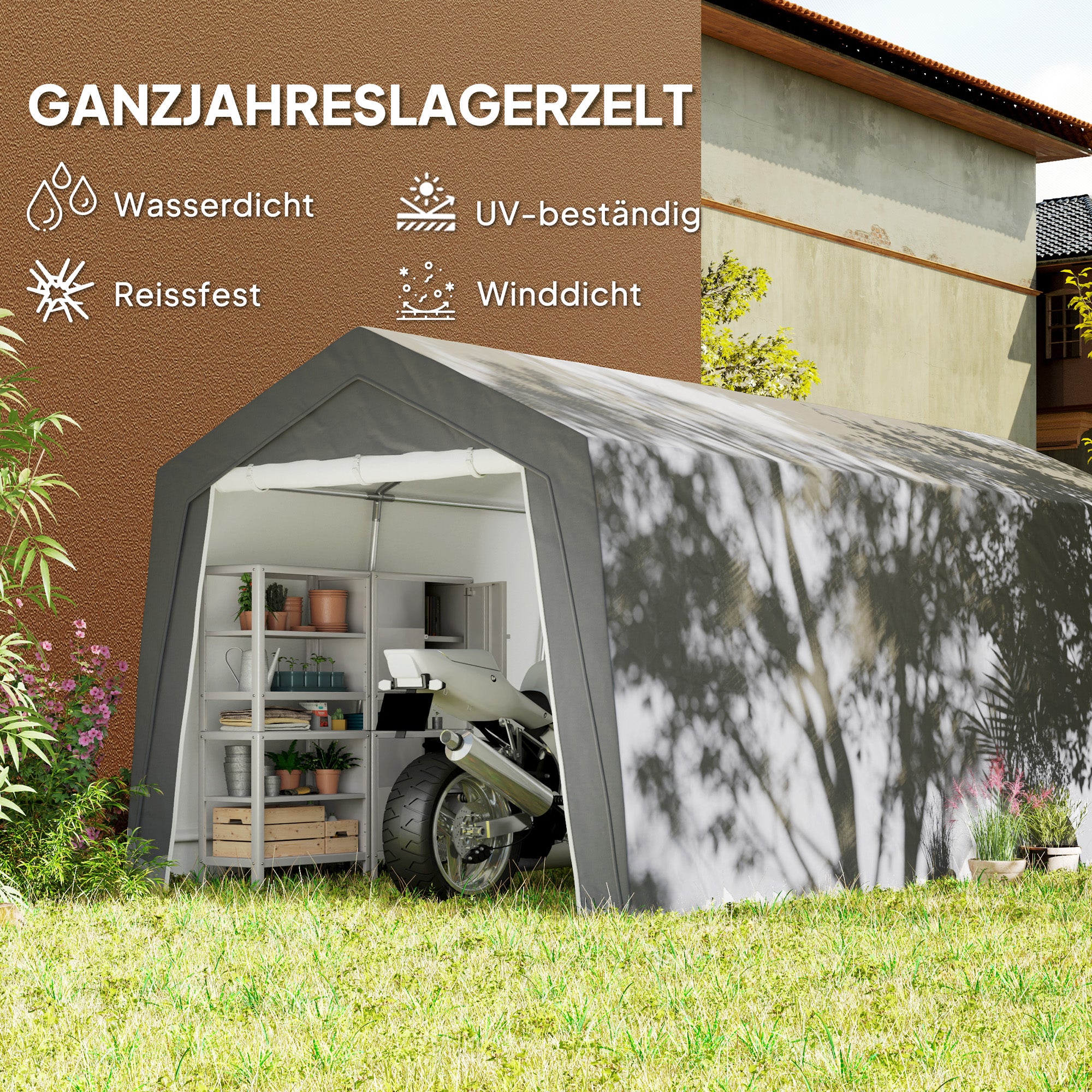 Outsunny 3 x 6 m Wasserdichter Gartenschuppen mit UV-beständiger Kunststoff-Plane und Metallgestell, Hellgrau