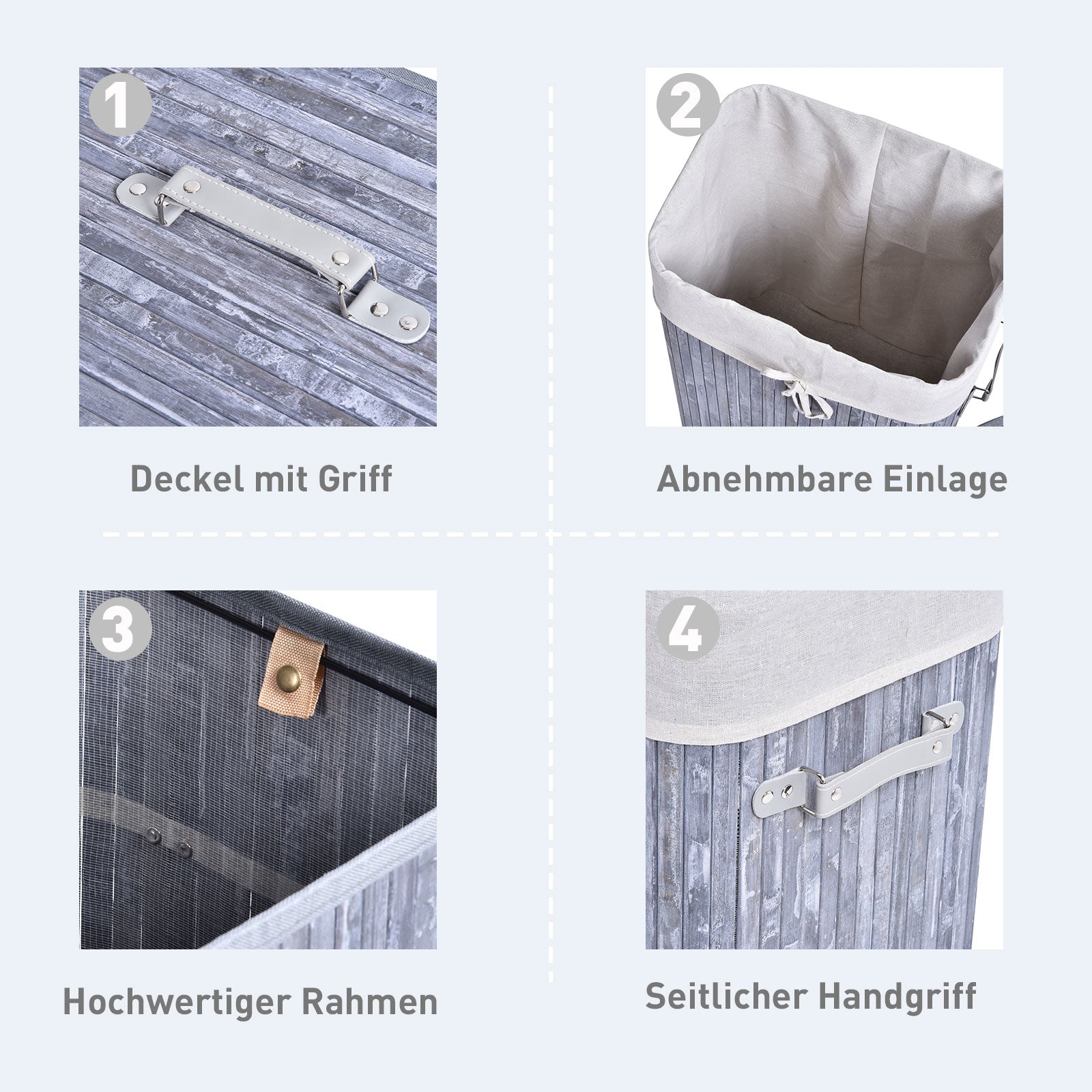 HOMCOM Wäschekorb schmal mit Deckel 72L Wäschesammler mit Griff, herausnehmbarer Wäschesack, Wäschebox für Waschküche Schlafzimmer Badezimmer, Grau