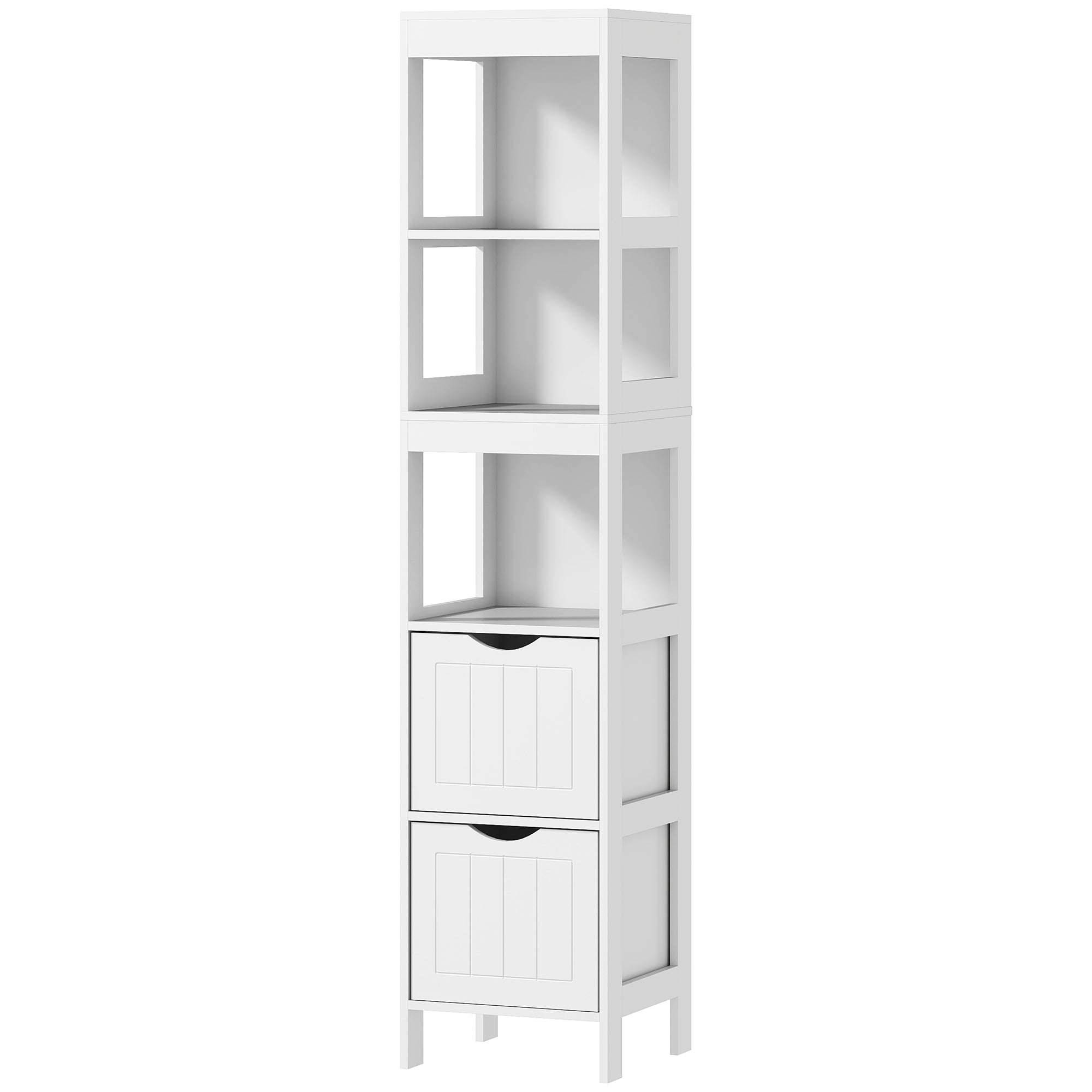 HOMCOM Badezimmerschrank, Kompaktes Badezimmerregal mit 2 Schubladen und 3 offenen Fächern, Freistehendes Badregal, MDF, Weiß