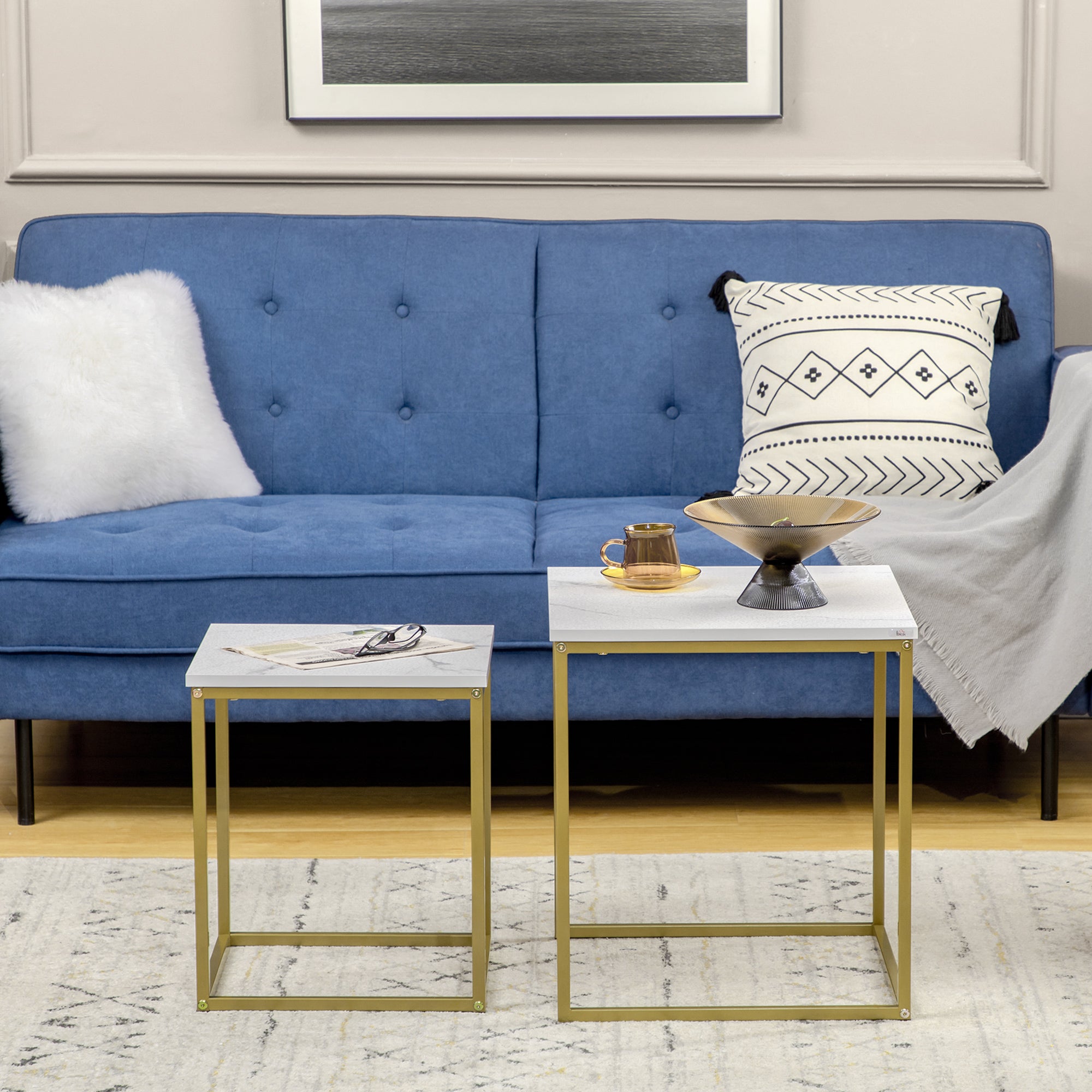 HOMCOM 2er-Set Beistelltische, stapelbare Beistelltische, Tischplatte in Marmoroptik, Gold + Weiß