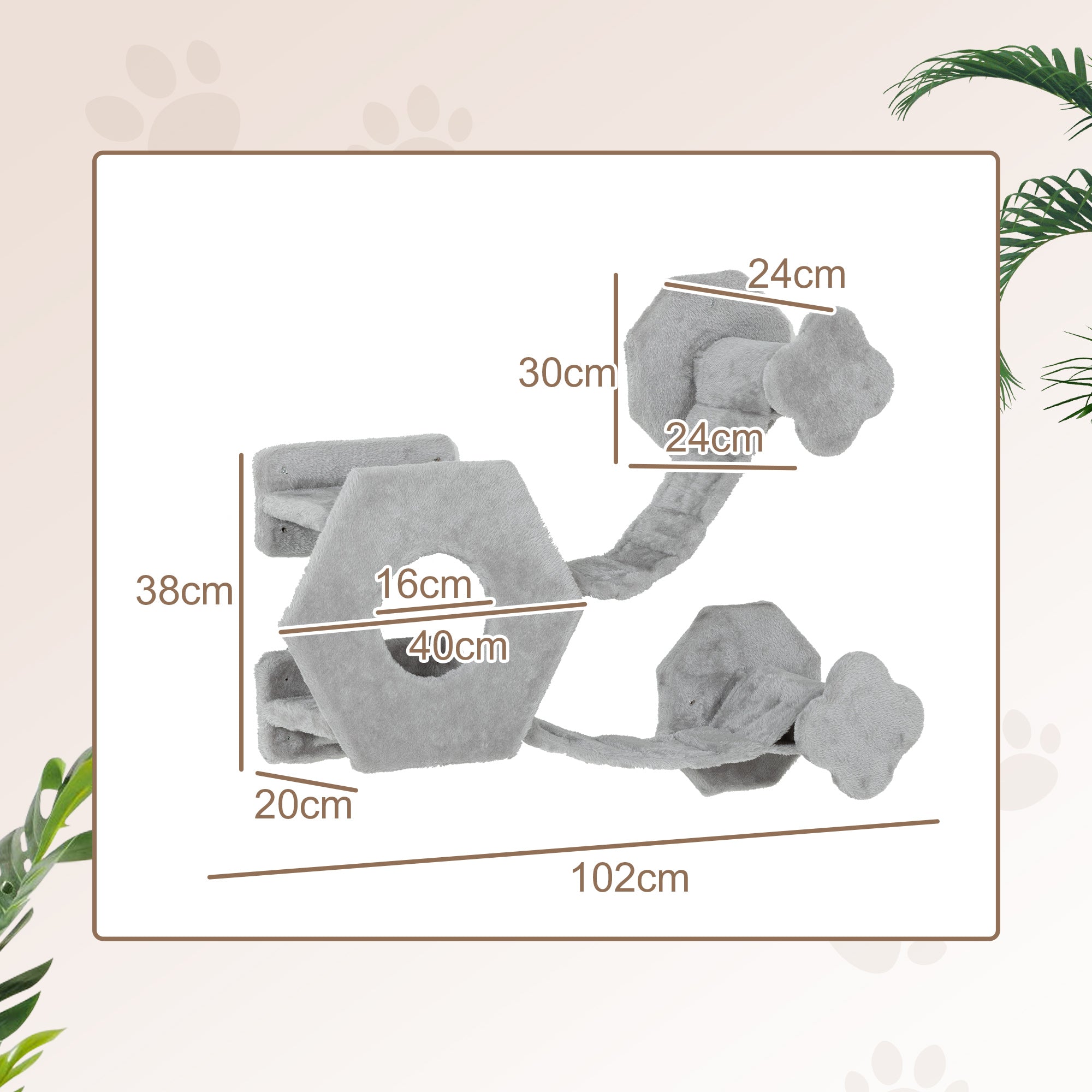 PawHut Katzen Kletterwand, inkl. Katzenhaus, Leitern, Spielball, platzsparend, Hellgrau