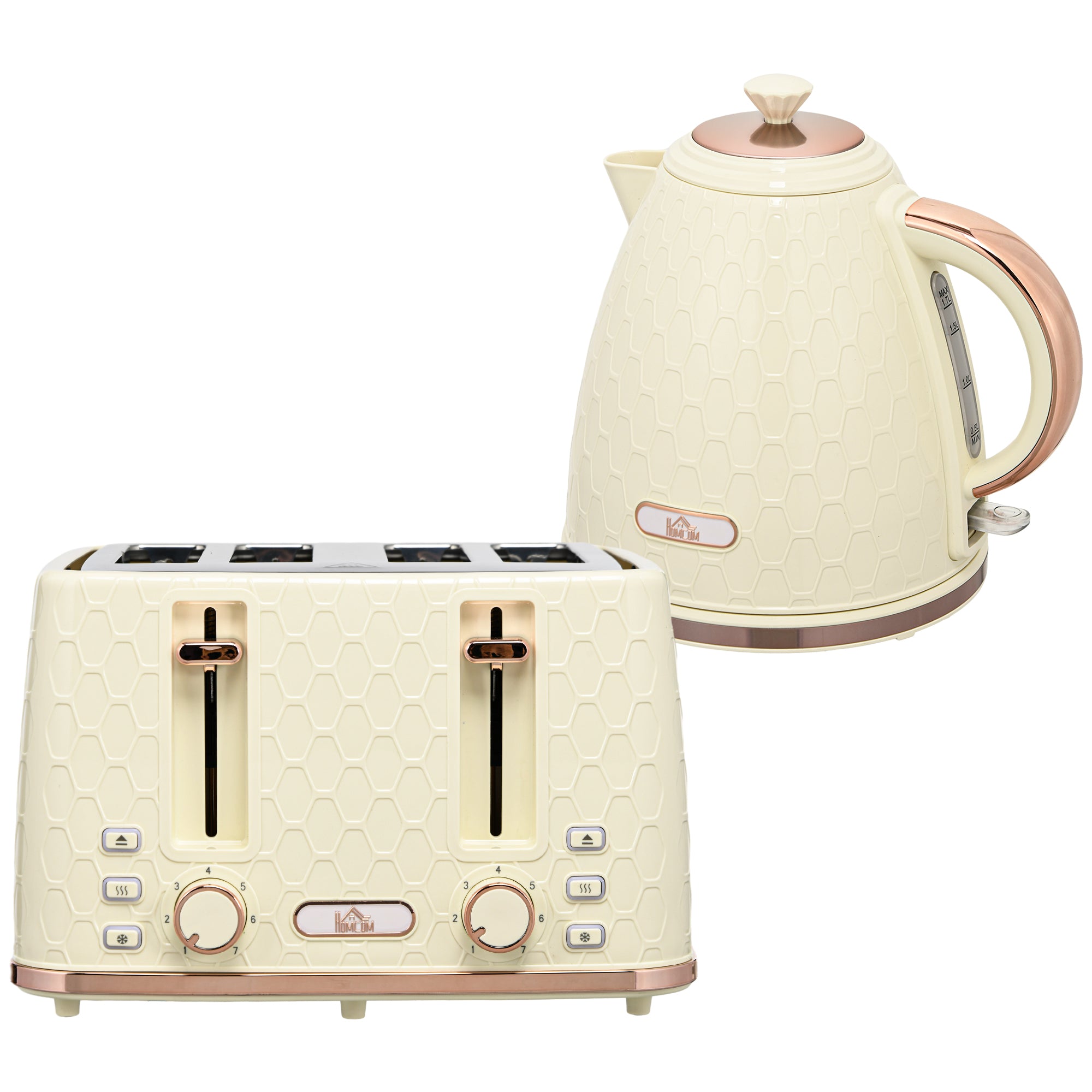 HOMCOM 2-in-1 Küchenset, Toaster und Wasserkocher, mehrere Optionen, 1,7 L, 4 Toastscheiben gleichzeitig, Kunststoff, Beige