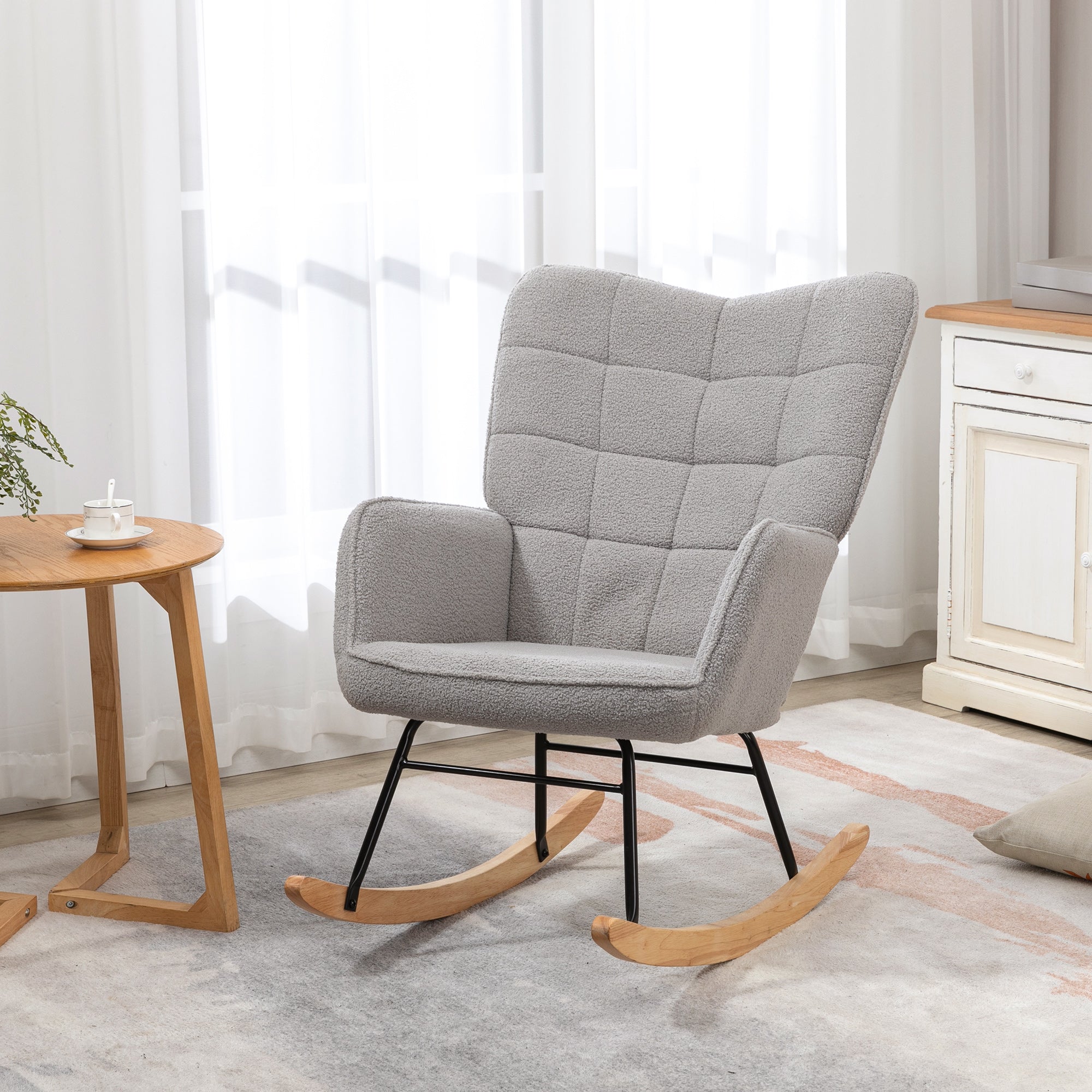 HOMCOM Schaukelstuhl im Retro-Design, Massivholz, Schwingsessel, 71 cm x 92 cm x 101 cm, Hellgrau