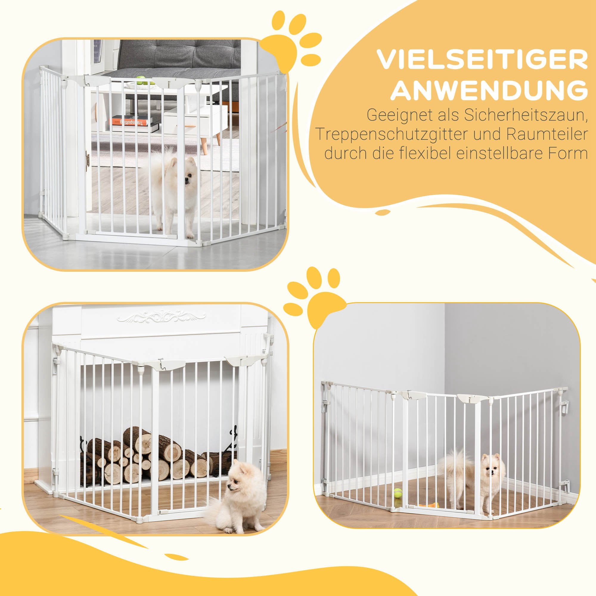 PawHut Absperrgitter für Hunde Schutzgitter Hundegitter Türschutzgitter 3 Elemente inkl. Sicherheitstür, Wandmontierte Haltung für Kamin & Ofen, Metall Weiß 180 x 3 x 74,5 cm