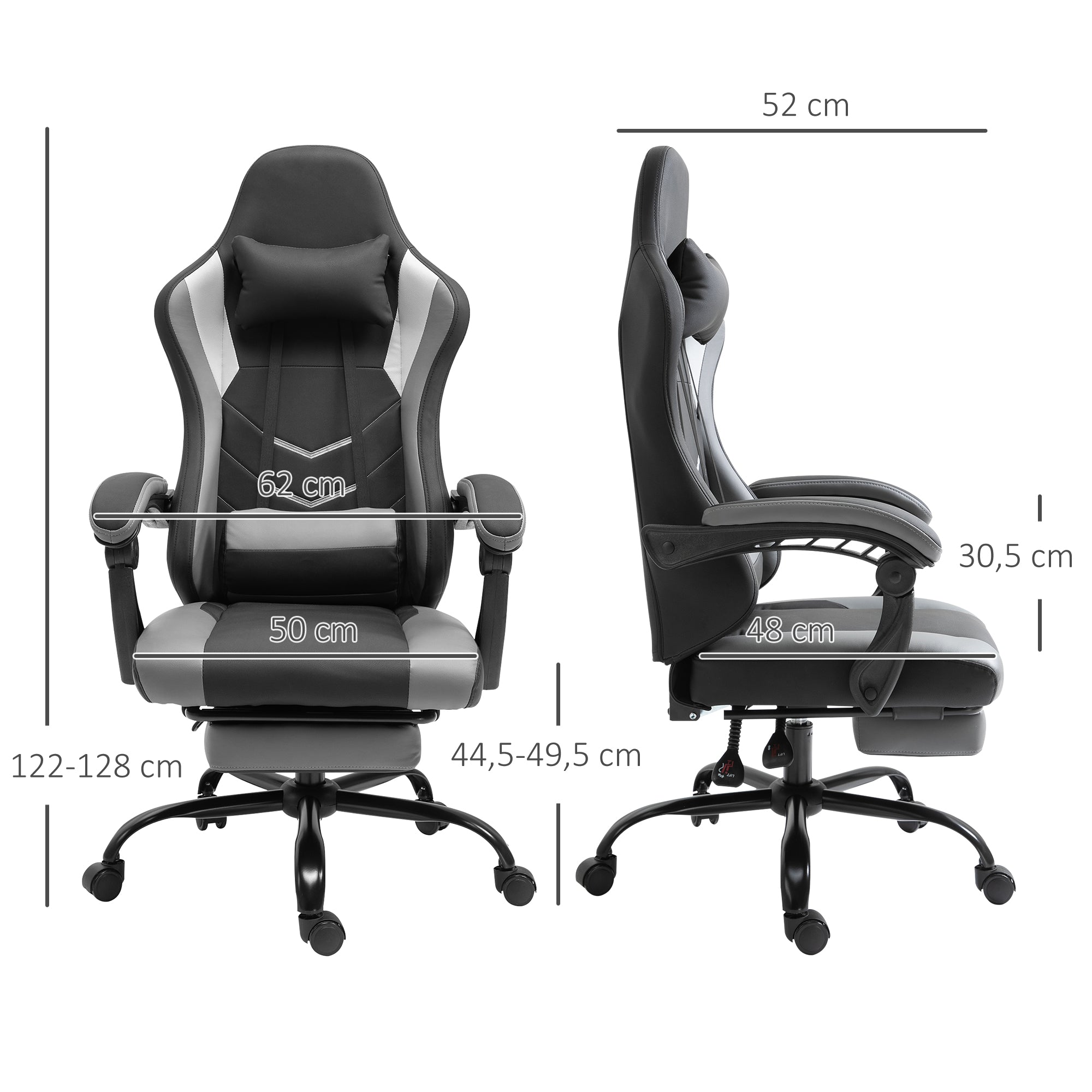 Vinsetto Ergonomischer Gaming Stuhl Bürostuhl Schreibtischstuhl, Drehstuhl Höhenverstellbar, Verstellbares Lendenkissen mit Fußstützen Schwarz 62x52x128 cm